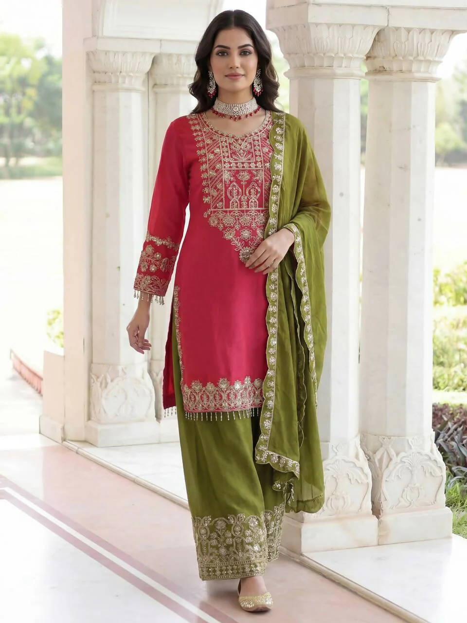Teeya Creation Rani Chinon Silk Designer Wedding Wear Embroidery Work Palazzo - Image 2