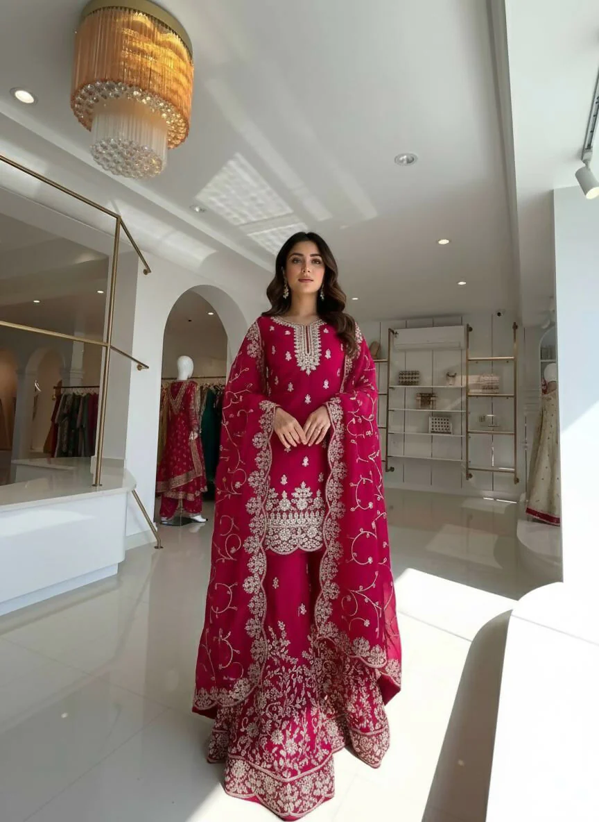 Teeya Creation Rani Pure Silk Gimmy Silk Heavy Embroidery Work Wedding Wear Palazzo Pair