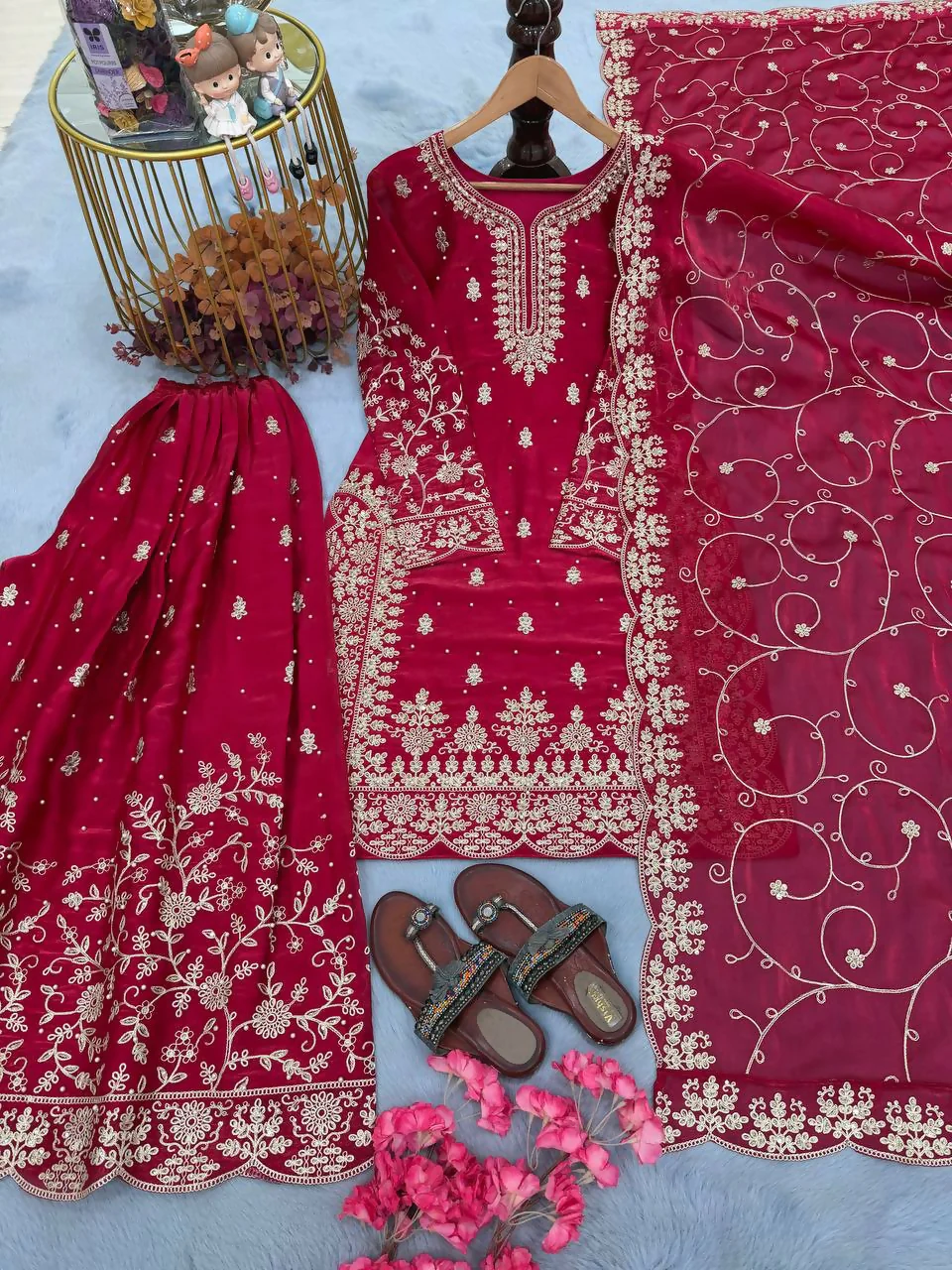 Teeya Creation Rani Pure Silk Gimmy Silk Heavy Embroidery Work Wedding Wear Palazzo Pair - Image 3