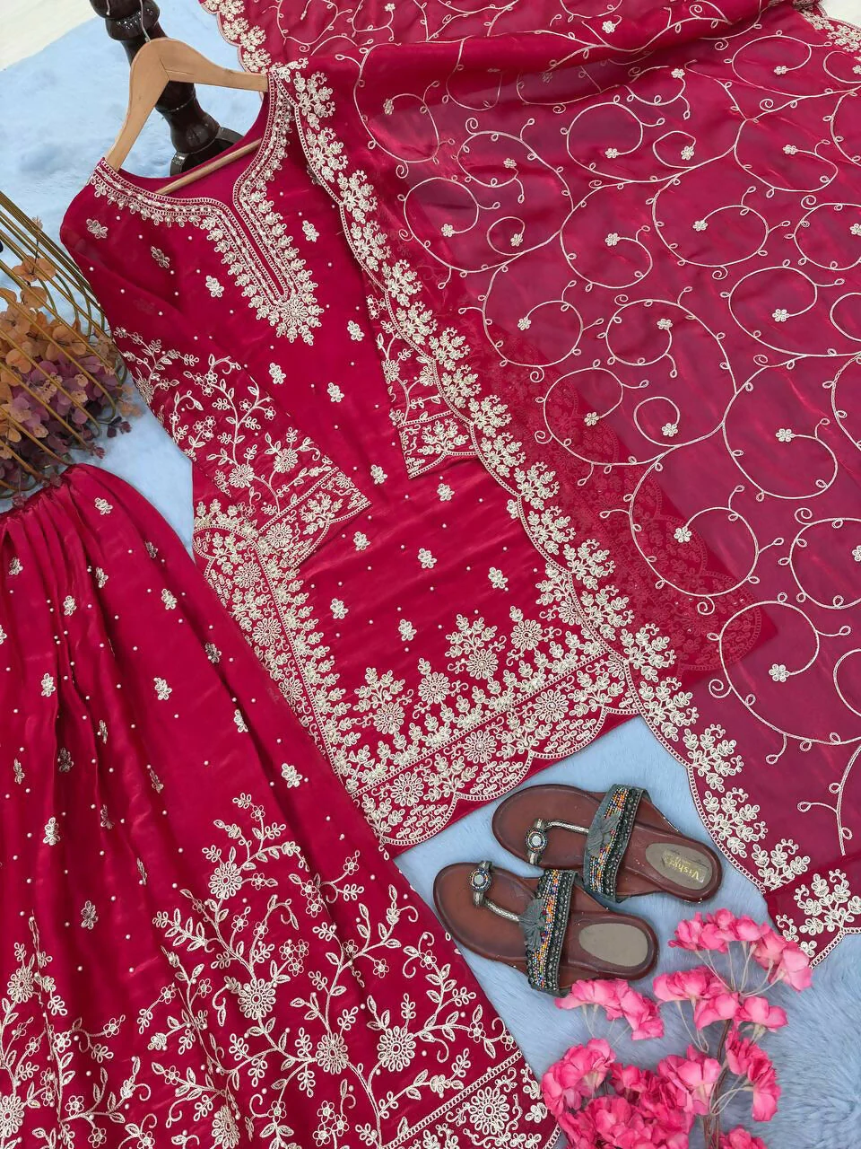 Teeya Creation Rani Pure Silk Gimmy Silk Heavy Embroidery Work Wedding Wear Palazzo Pair - Image 4