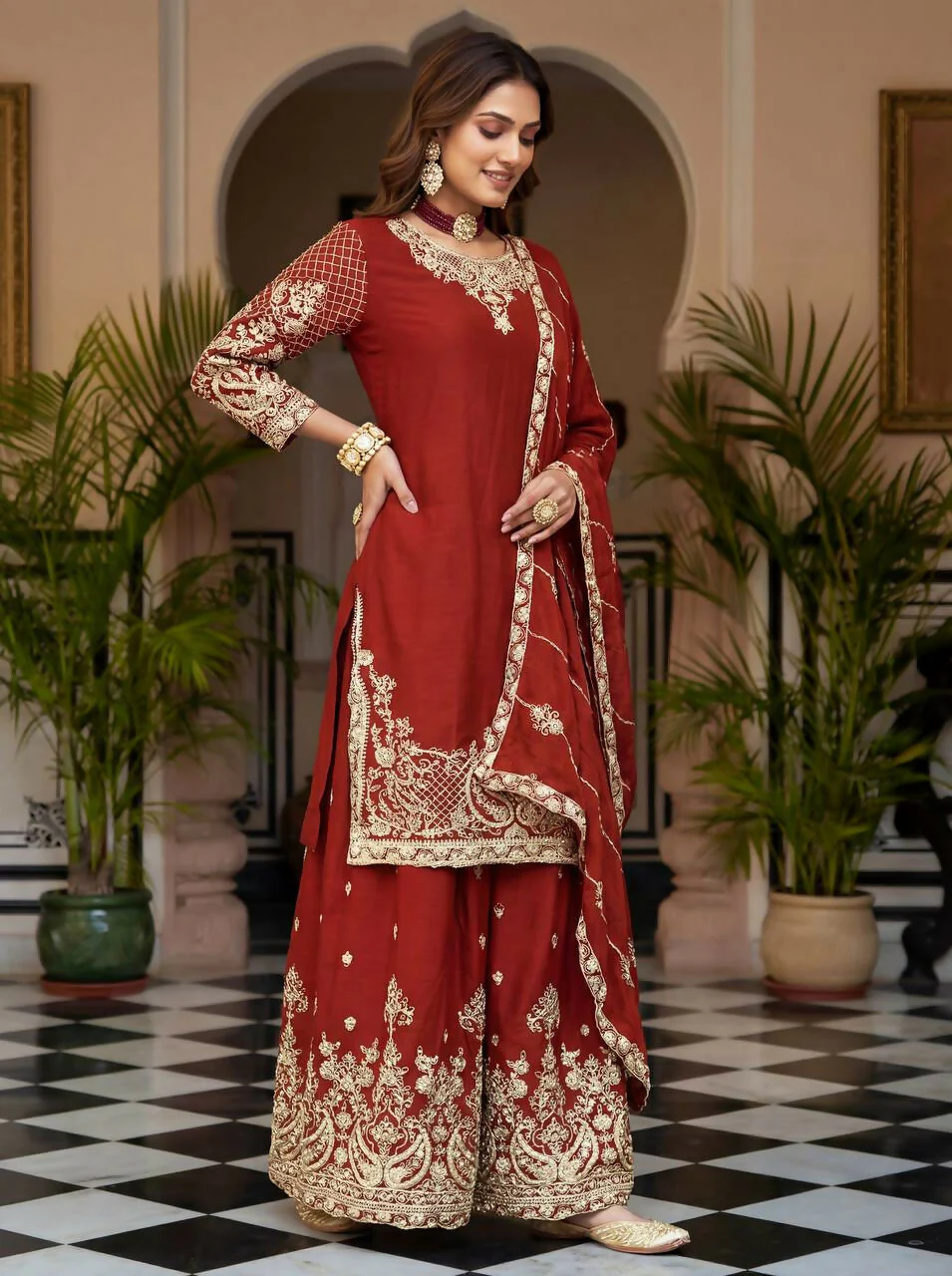 Teeya Creation Red Chinon Silk Designer Wedding Wear Embroidery Work Palazzo - Image 3