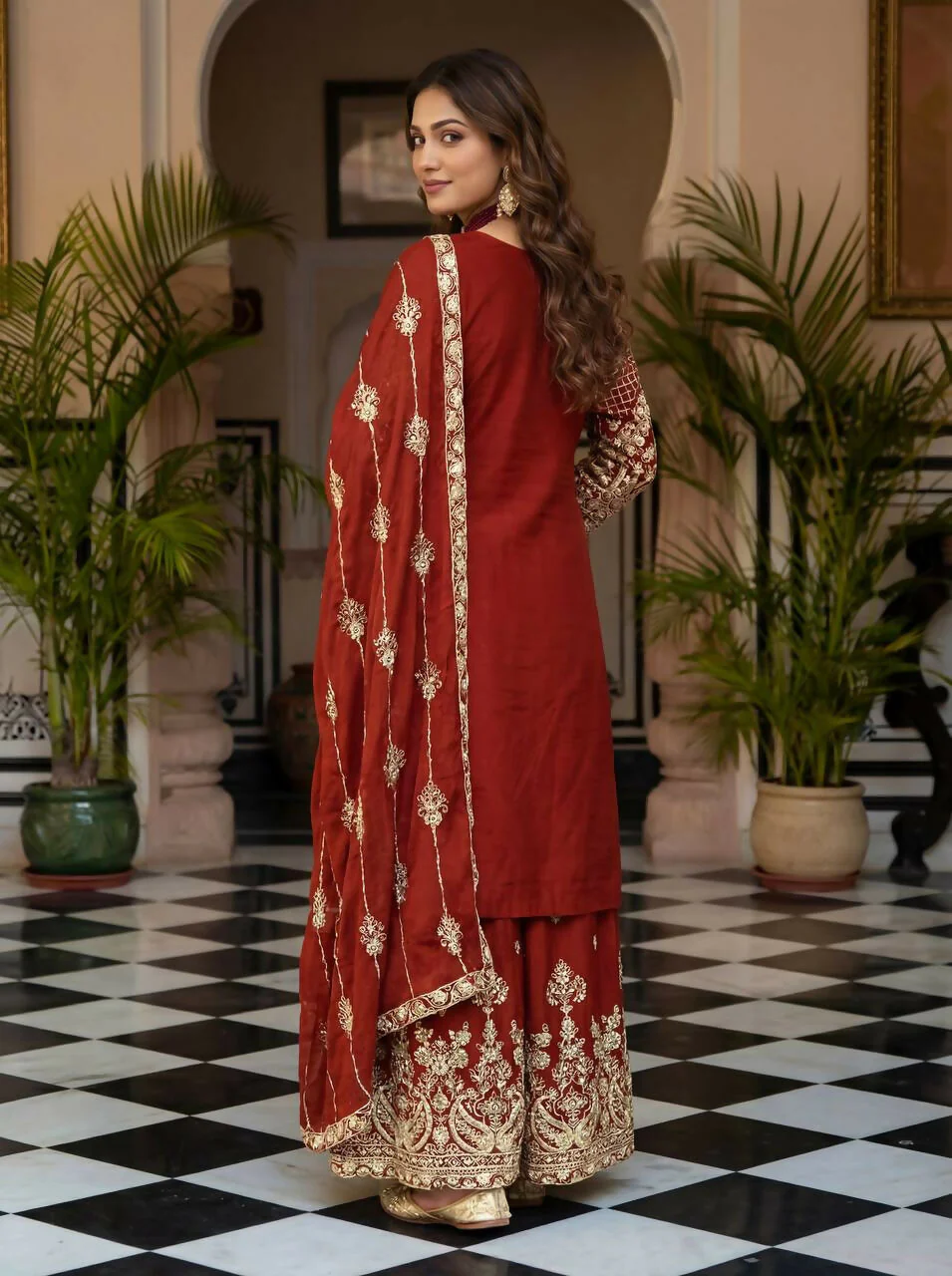 Teeya Creation Red Chinon Silk Designer Wedding Wear Embroidery Work Palazzo - Image 4