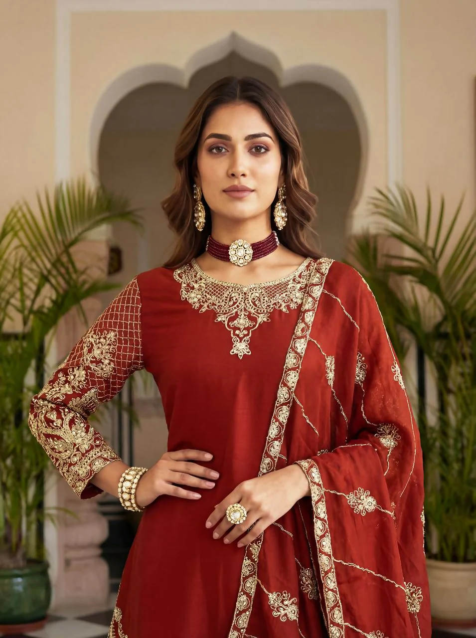 Teeya Creation Red Chinon Silk Designer Wedding Wear Embroidery Work Palazzo - Image 5