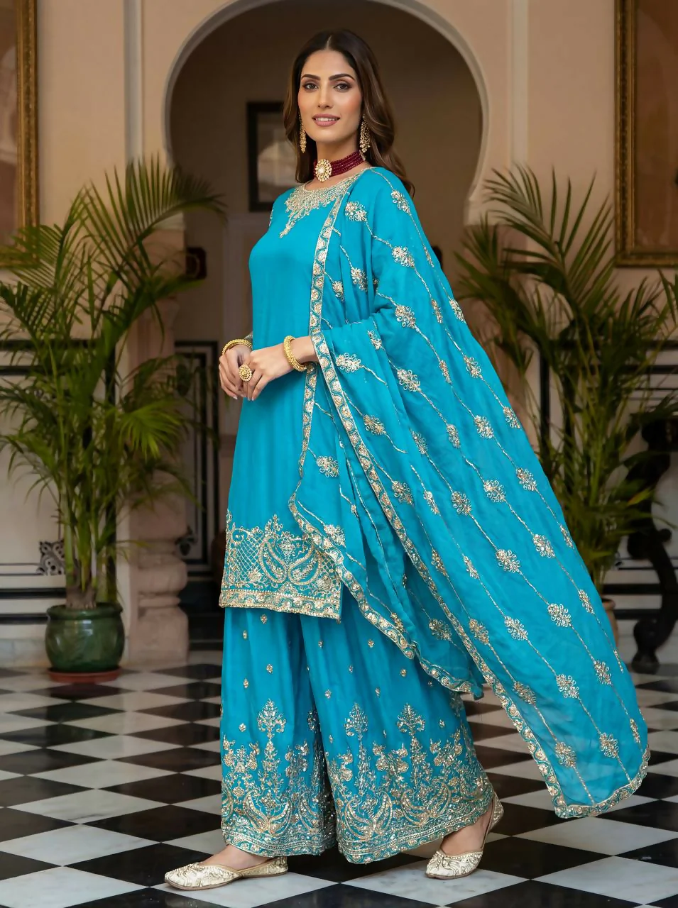 Teeya Creation Sky Chinon Silk Designer Wedding Wear Embroidery Work Palazzo - Image 2