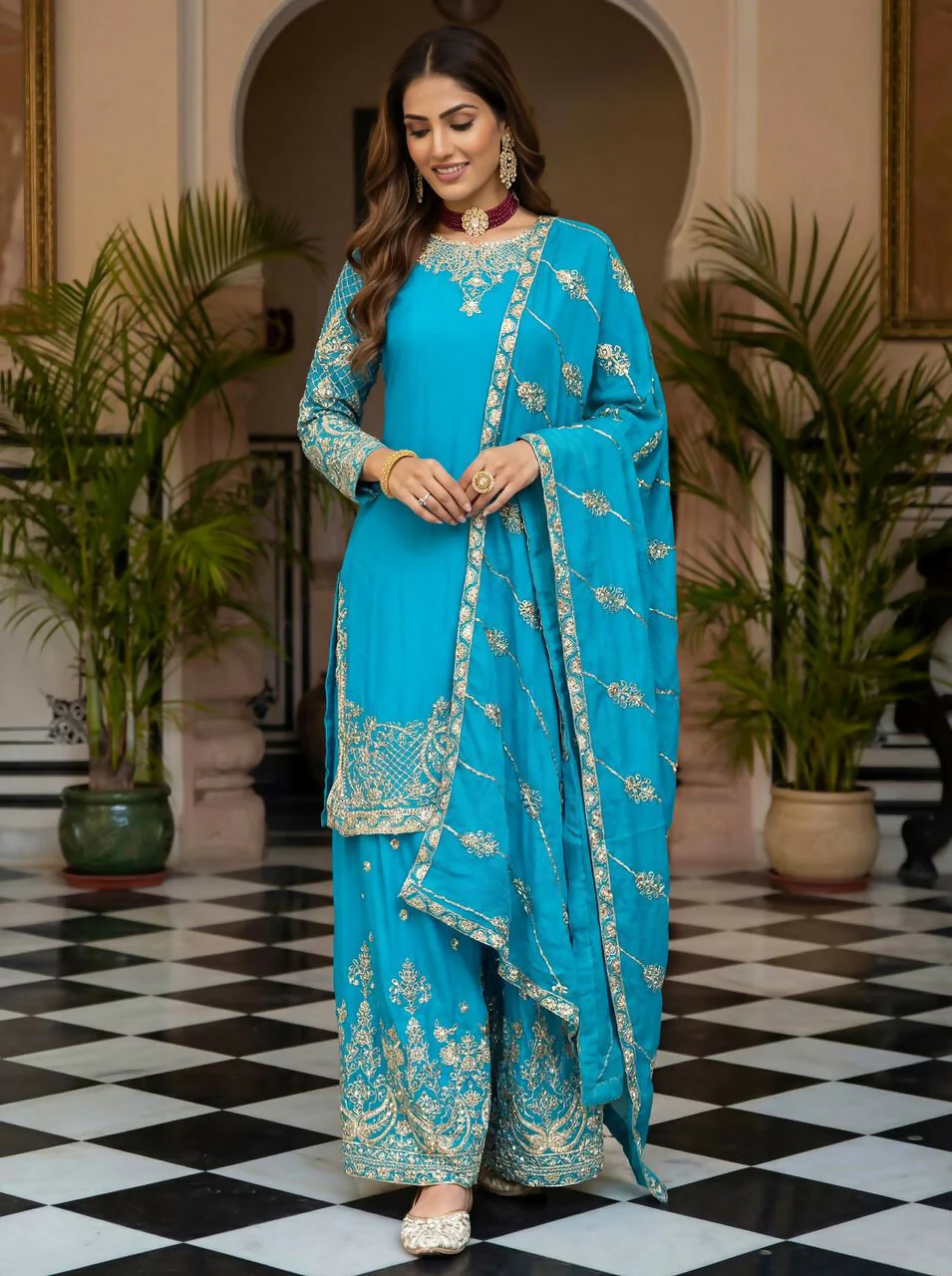 Teeya Creation Sky Chinon Silk Designer Wedding Wear Embroidery Work Palazzo - Image 3