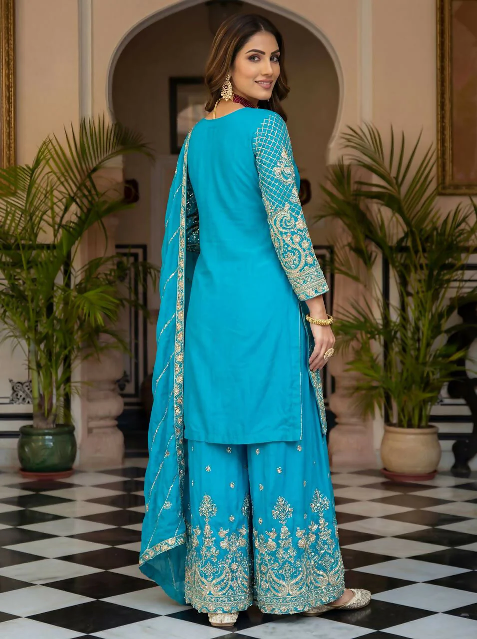 Teeya Creation Sky Chinon Silk Designer Wedding Wear Embroidery Work Palazzo - Image 4