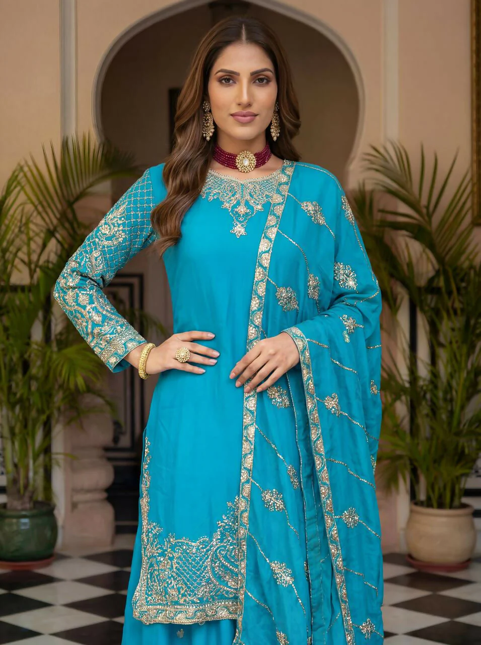 Teeya Creation Sky Chinon Silk Designer Wedding Wear Embroidery Work Palazzo - Image 5