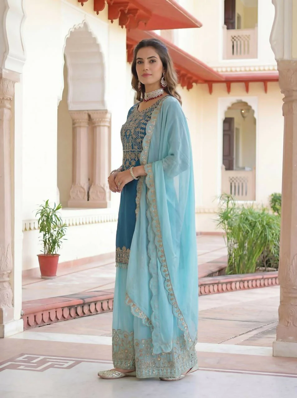 Teeya Creation Sky Chinon Silk Designer Wedding Wear Embroidery Work Palazzo - Image 3