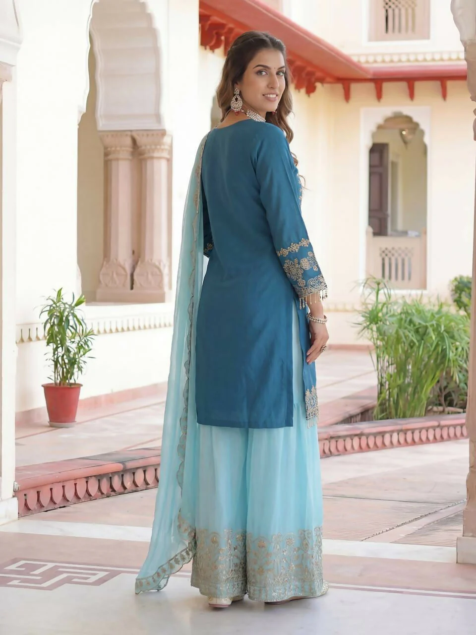 Teeya Creation Sky Chinon Silk Designer Wedding Wear Embroidery Work Palazzo - Image 4