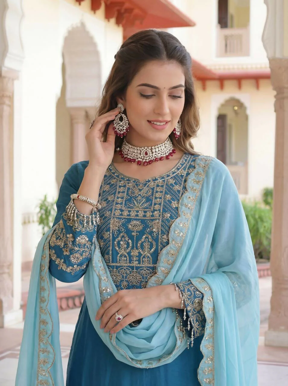 Teeya Creation Sky Chinon Silk Designer Wedding Wear Embroidery Work Palazzo - Image 5