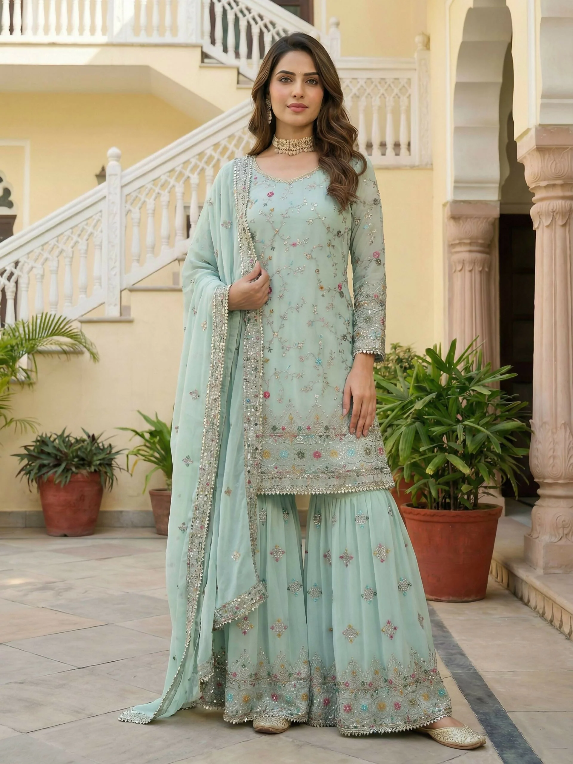 Teeya Creation Sky Faux Georgette Multi Thread Work Wedding Wear Sharara Set