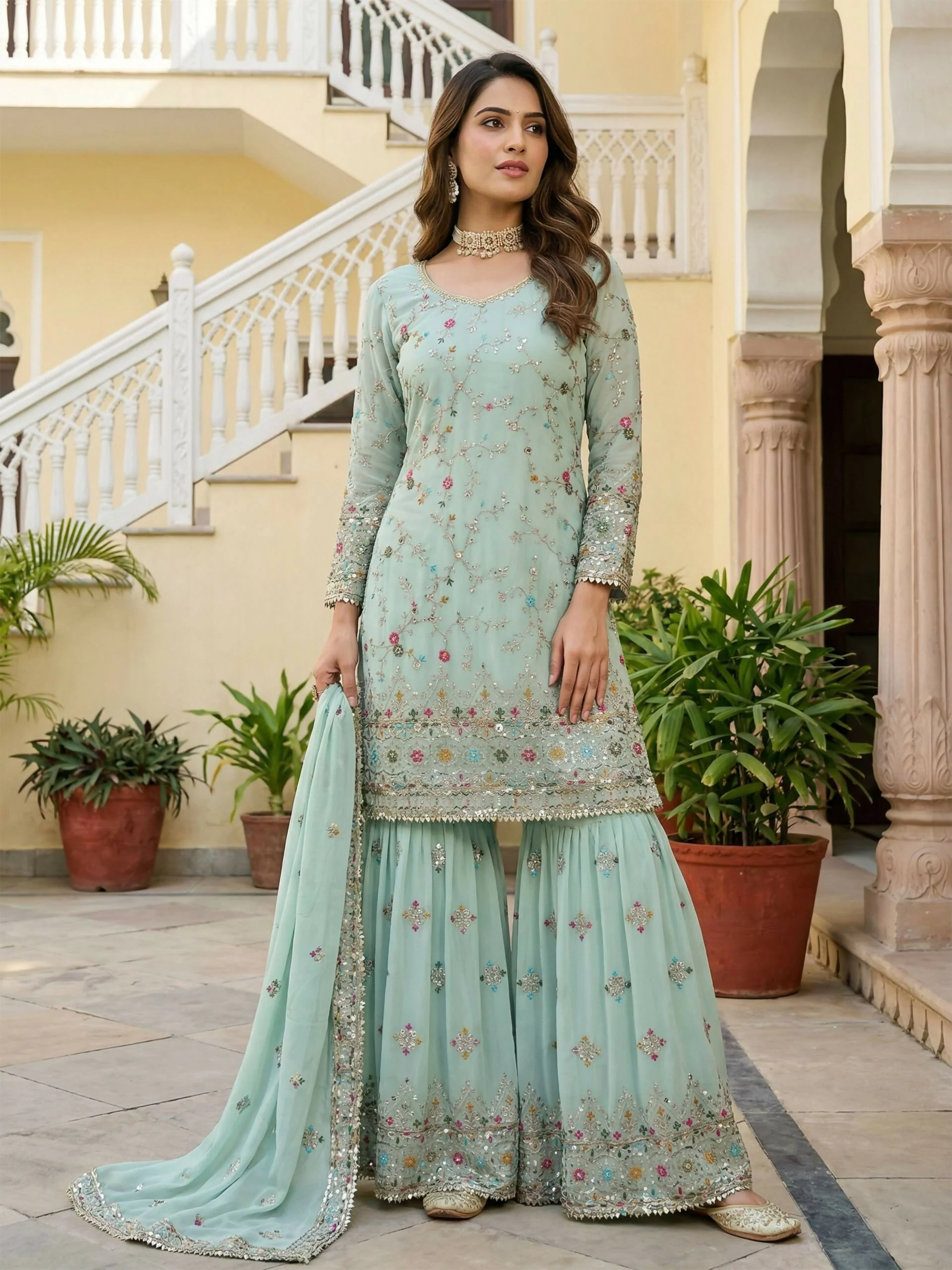 Teeya Creation Sky Faux Georgette Multi Thread Work Wedding Wear Sharara Set - Image 2