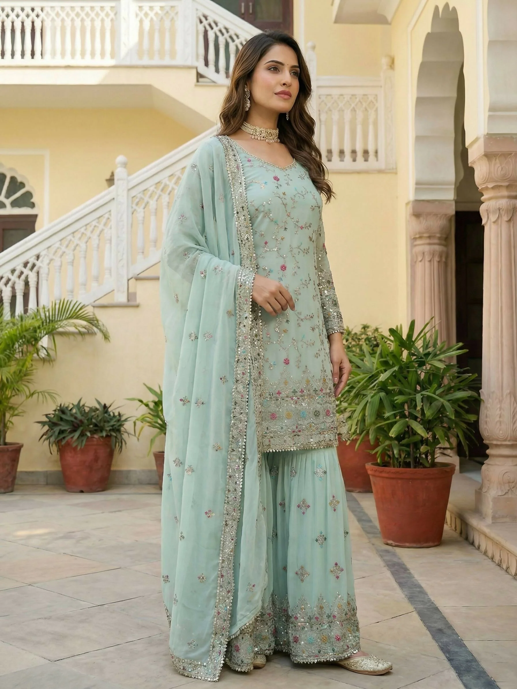 Teeya Creation Sky Faux Georgette Multi Thread Work Wedding Wear Sharara Set - Image 3