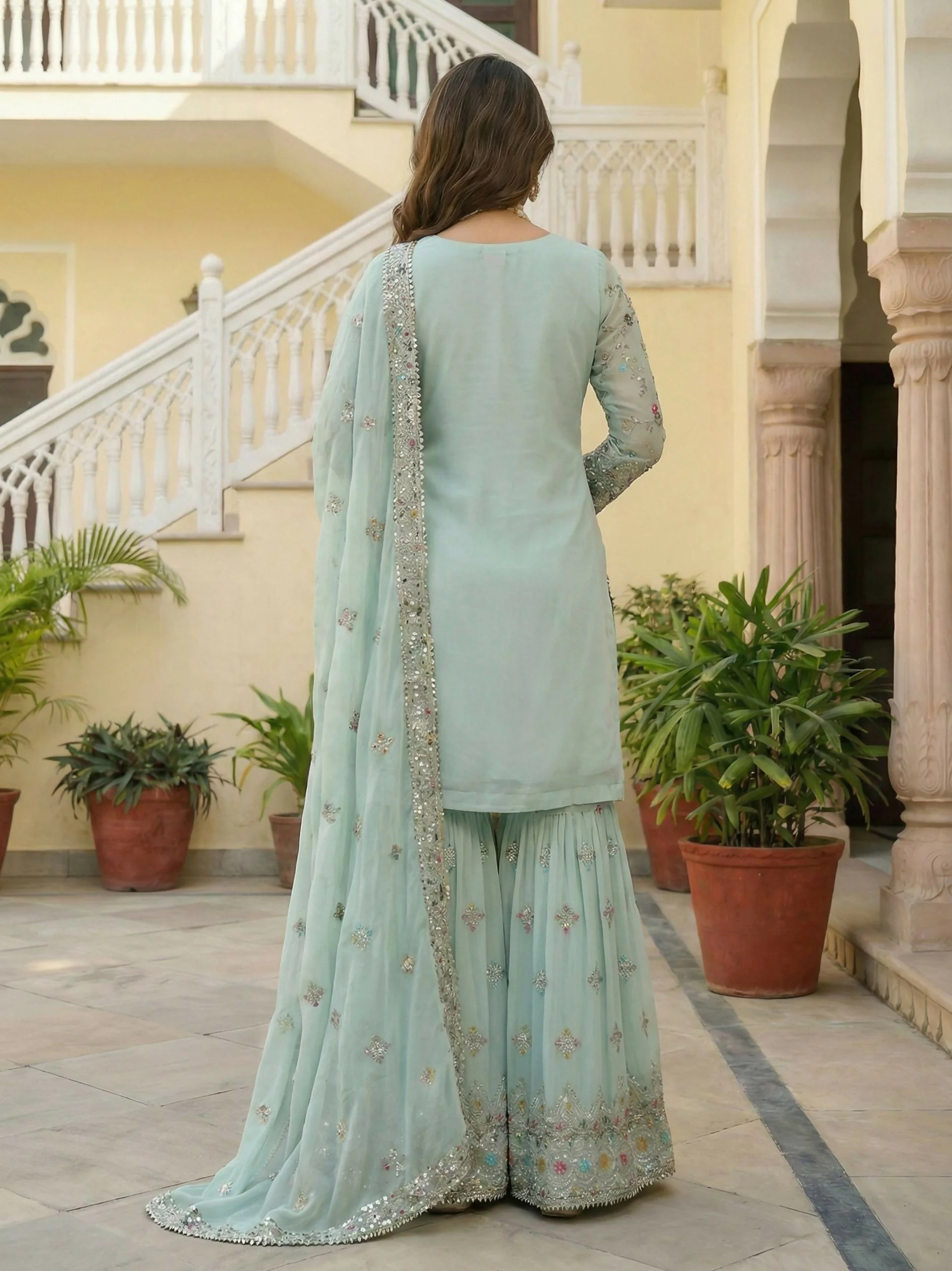 Teeya Creation Sky Faux Georgette Multi Thread Work Wedding Wear Sharara Set - Image 4
