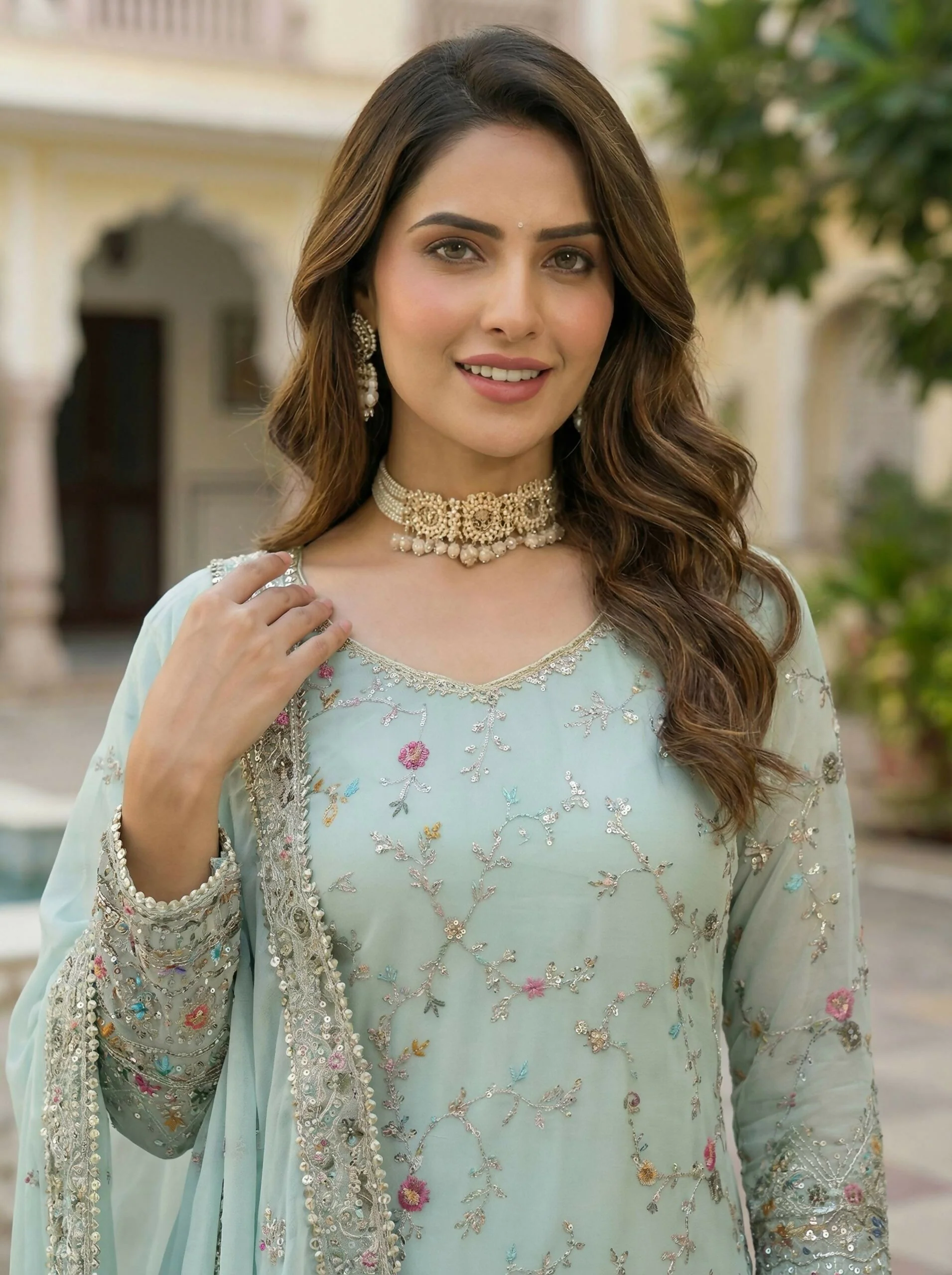 Teeya Creation Sky Faux Georgette Multi Thread Work Wedding Wear Sharara Set - Image 5