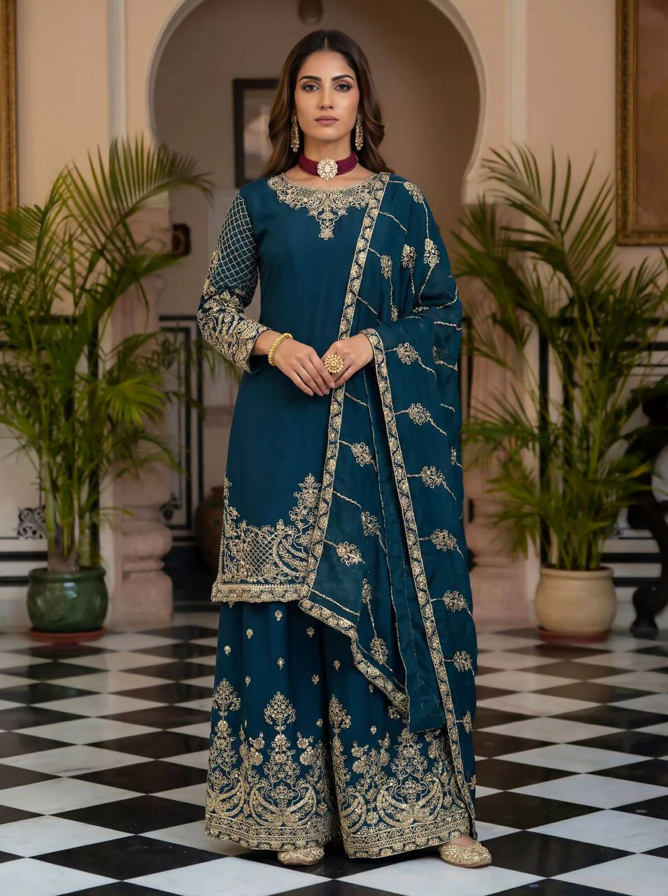 Teeya Creation Teal Chinon Silk Designer Wedding Wear Embroidery Work Palazzo