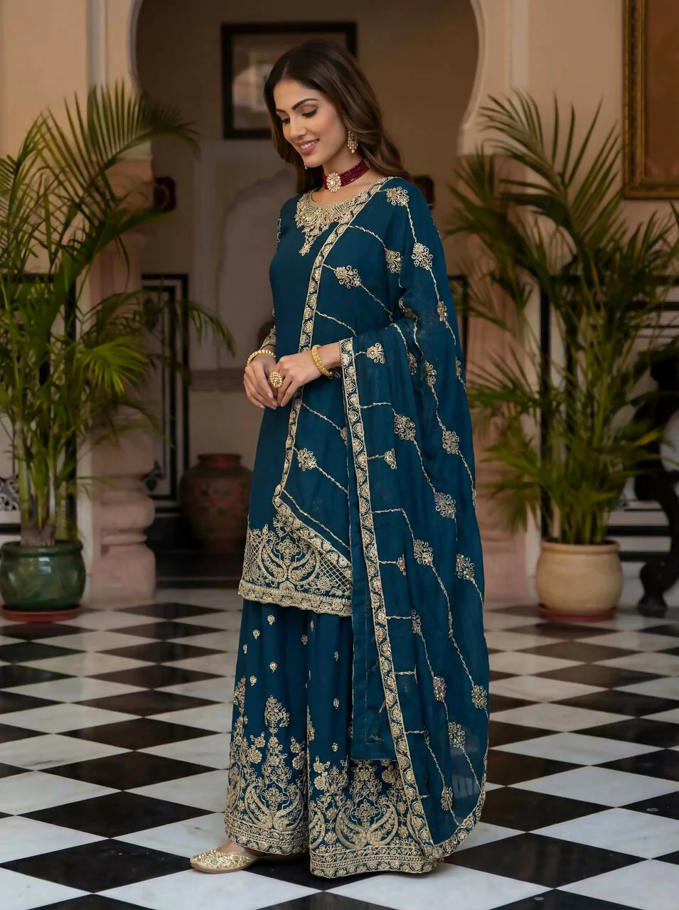 Teeya Creation Teal Chinon Silk Designer Wedding Wear Embroidery Work Palazzo - Image 2
