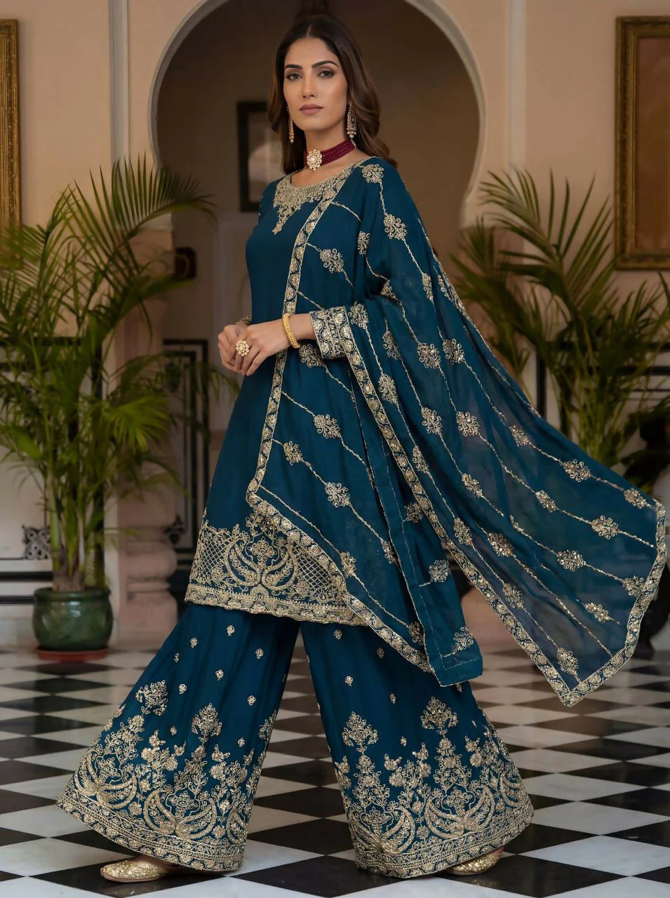 Teeya Creation Teal Chinon Silk Designer Wedding Wear Embroidery Work Palazzo - Image 3