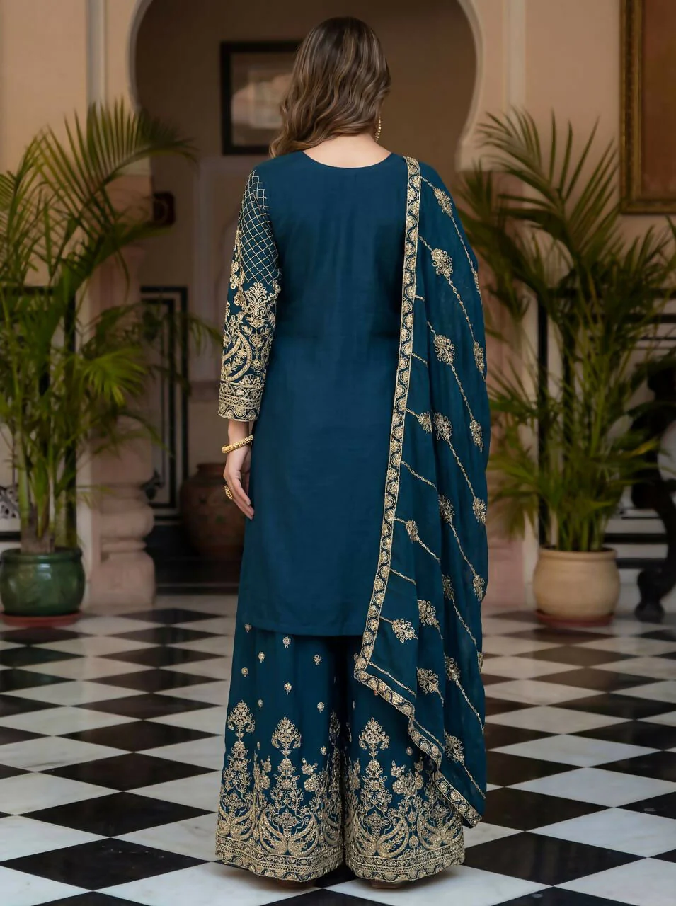 Teeya Creation Teal Chinon Silk Designer Wedding Wear Embroidery Work Palazzo - Image 4