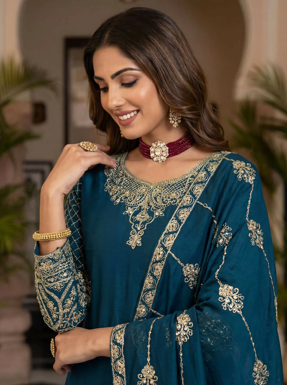 Teeya Creation Teal Chinon Silk Designer Wedding Wear Embroidery Work Palazzo - Image 5