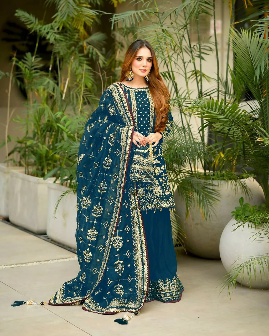 Teeya Creation Teal Faux georgette Designer heavy work Wedding Wear Palazzo pair