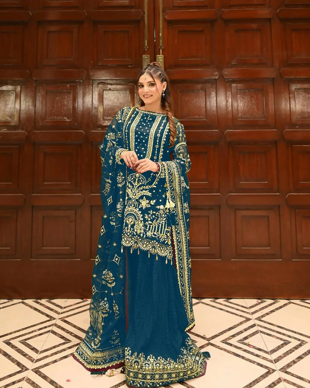 Teeya Creation Teal Faux georgette Designer heavy work Wedding Wear Palazzo pair - Image 2