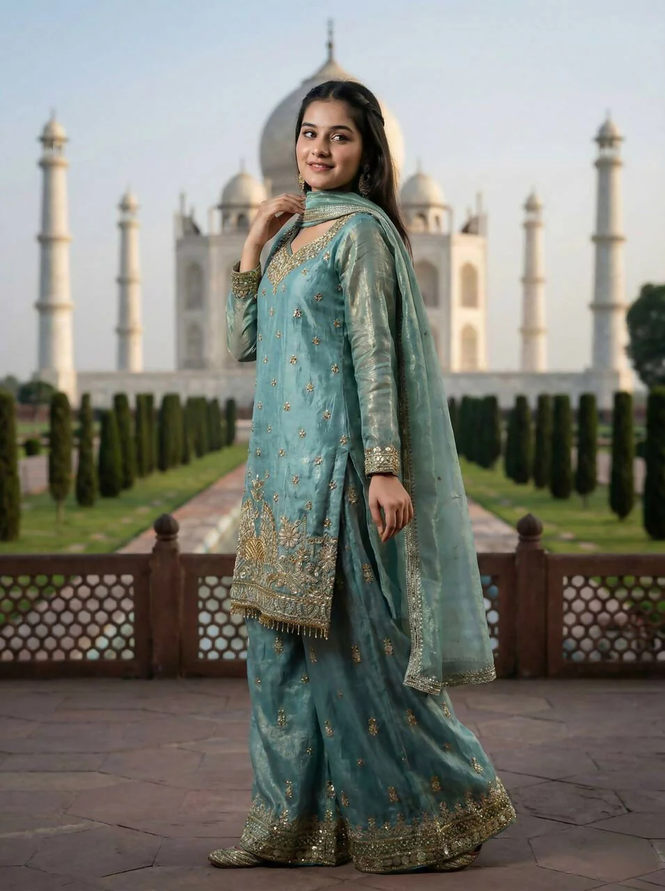 Teeya Creation Teal Fendy Silk Heavy Embroidery Work Party Wear Palazzo Suit - Image 3