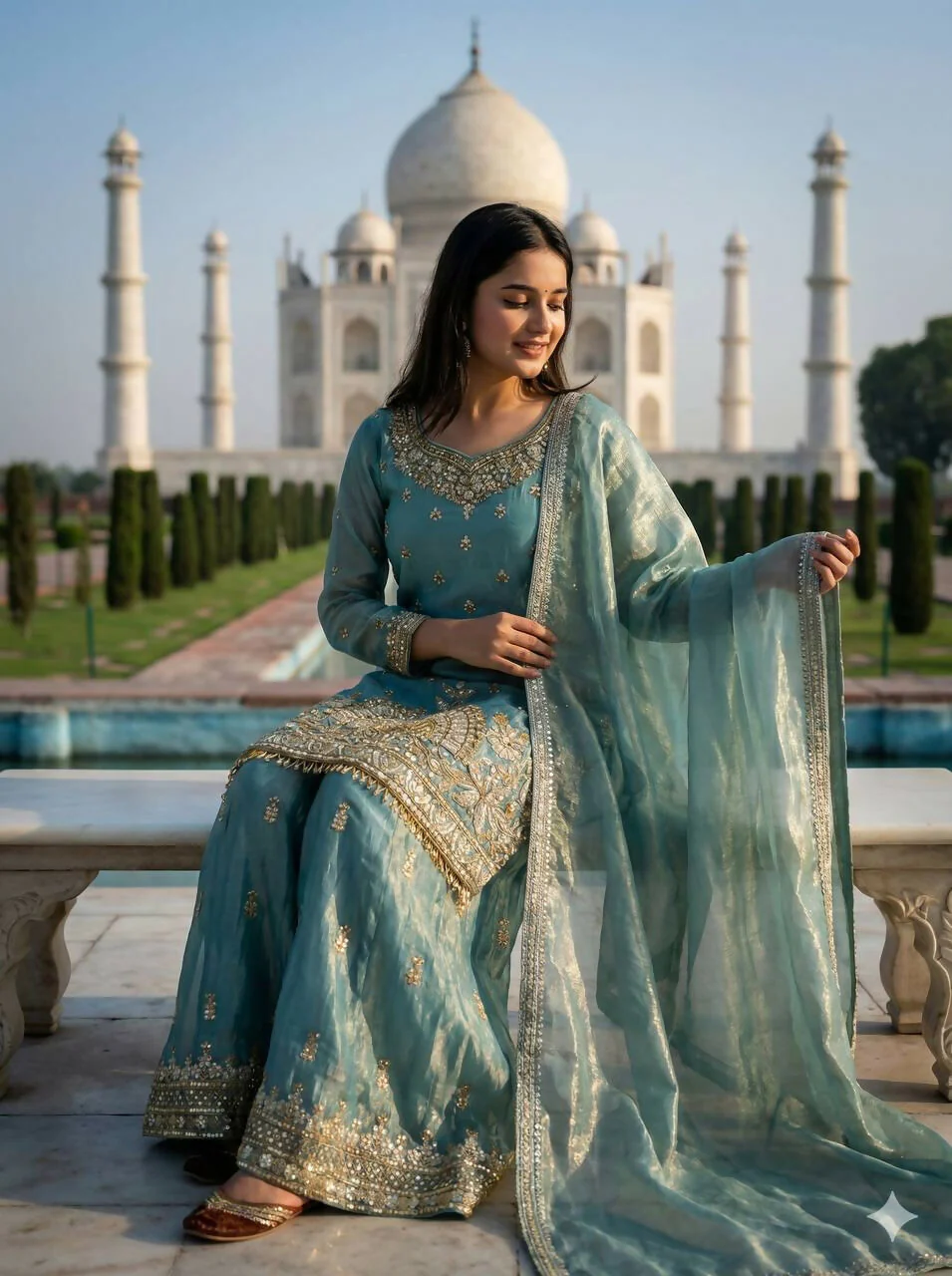 Teeya Creation Teal Fendy Silk Heavy Embroidery Work Party Wear Palazzo Suit - Image 4