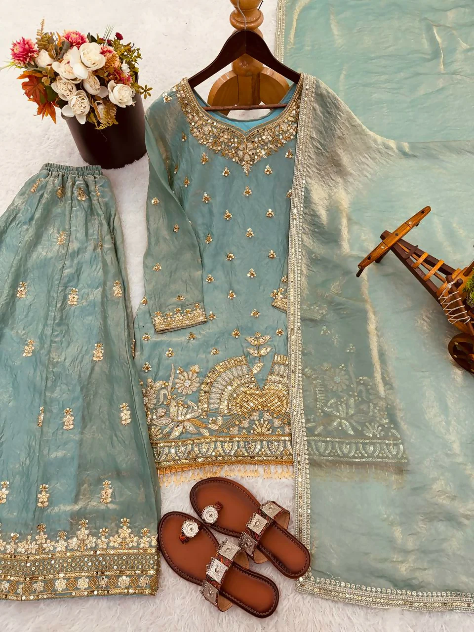 Teeya Creation Teal Fendy Silk Heavy Embroidery Work Party Wear Palazzo Suit - Image 5