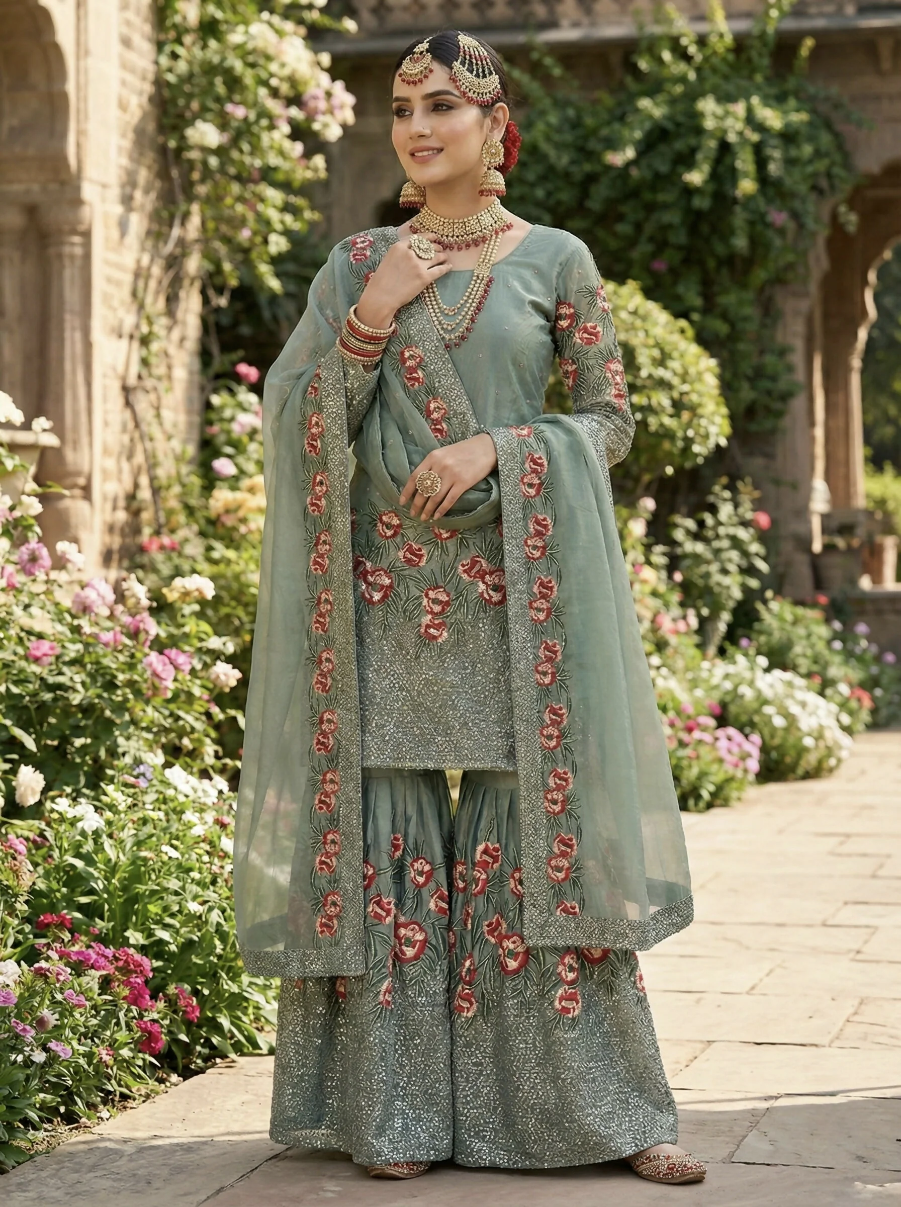 Teeya Creation Teal Fendy Silk Heavy Embroidery Work Party Wear Sharara Suit - Image 3