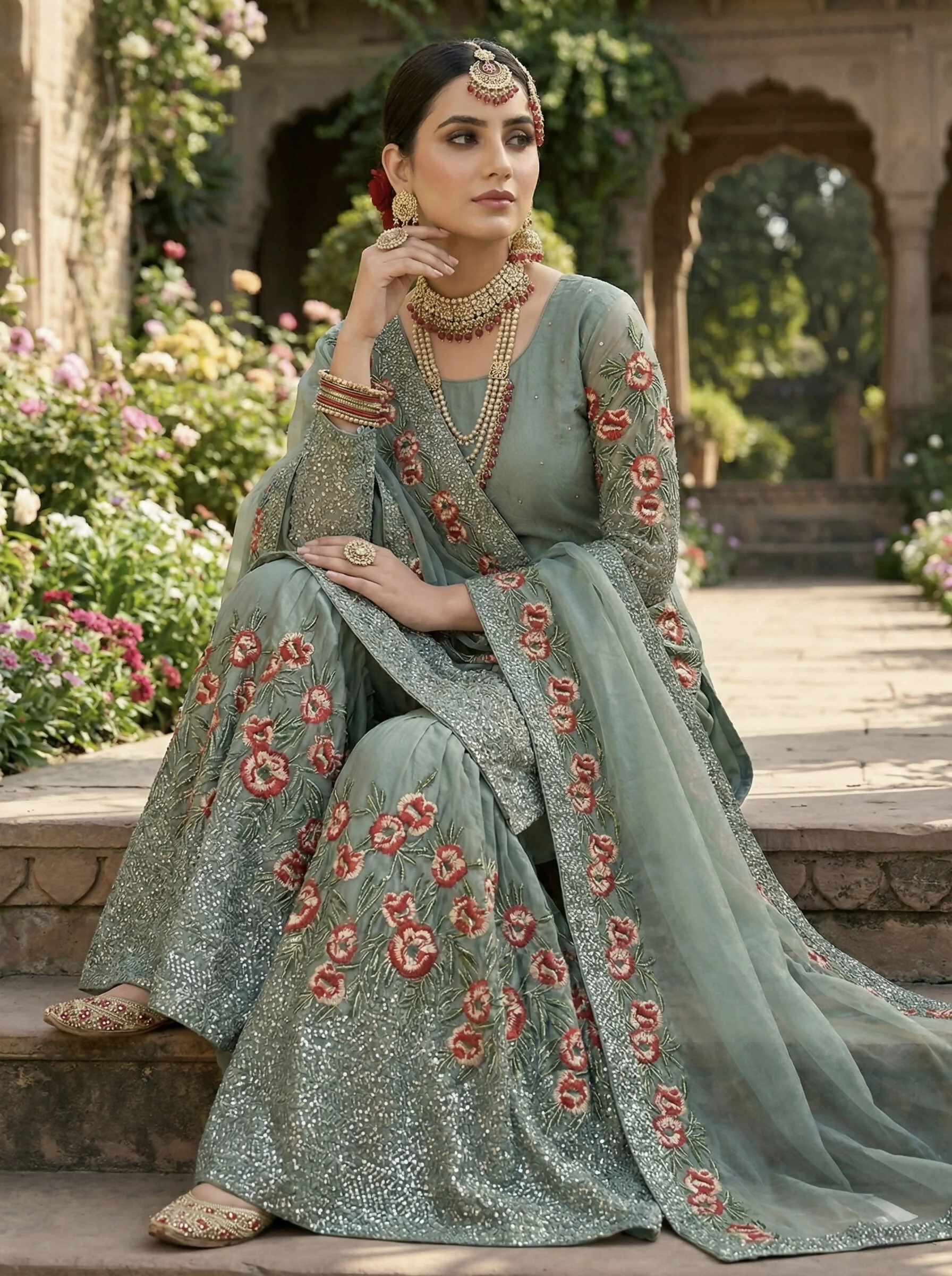 Teeya Creation Teal Fendy Silk Heavy Embroidery Work Party Wear Sharara Suit - Image 4