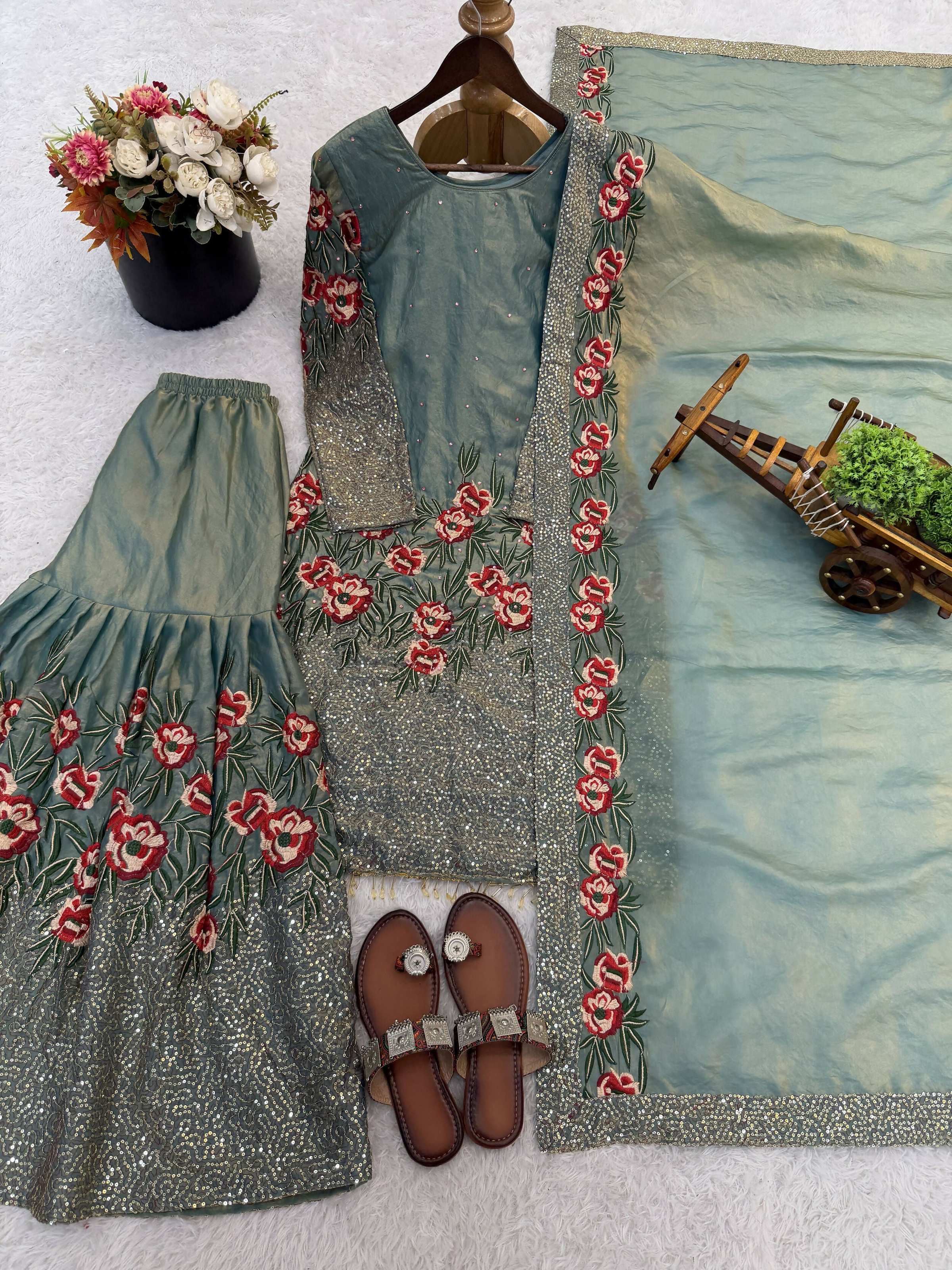 Teeya Creation Teal Fendy Silk Heavy Embroidery Work Party Wear Sharara Suit - Image 5