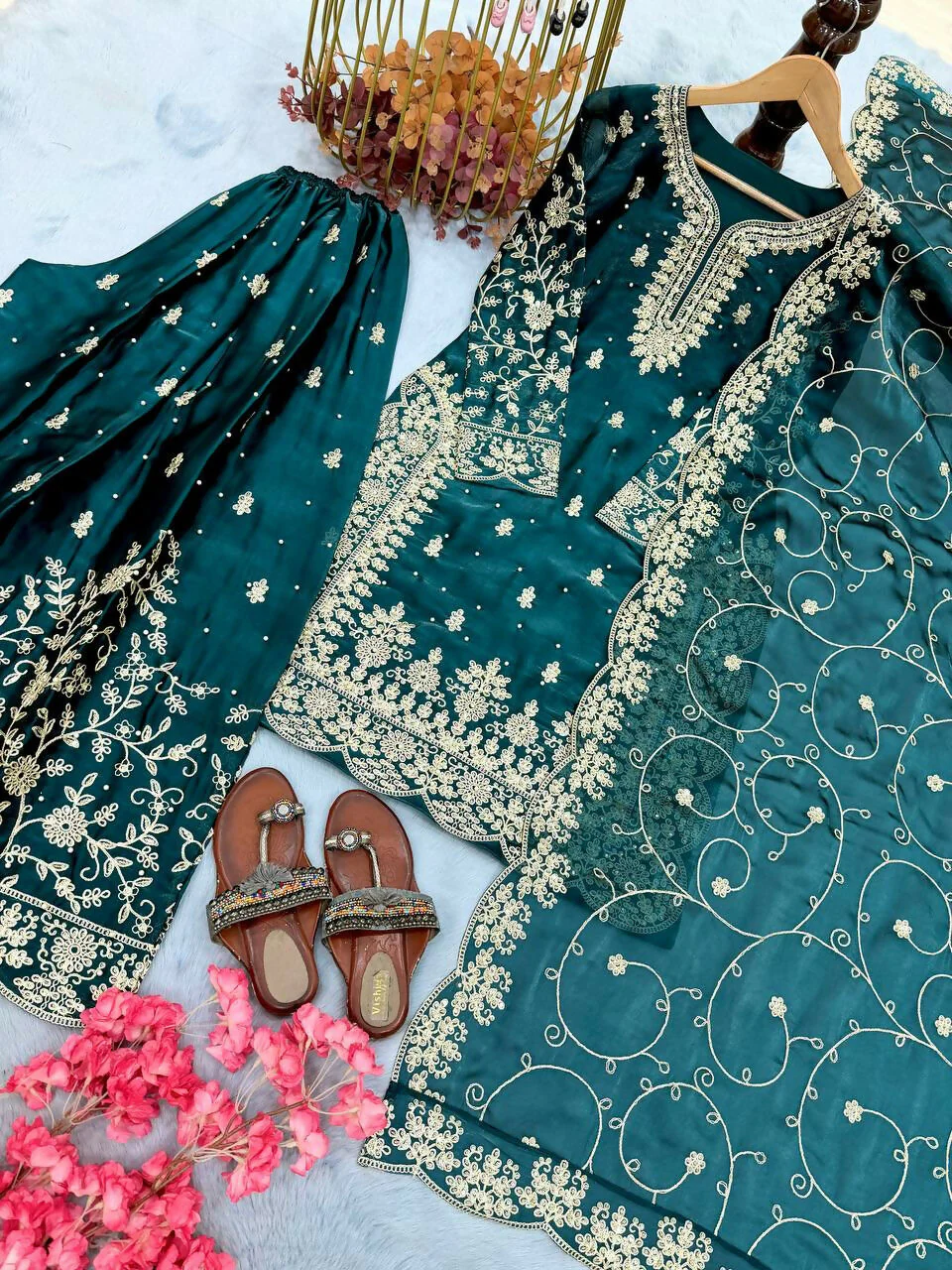 Teeya Creation Teal Pure Silk Gimmy Silk Heavy Embroidery Work Wedding Wear Palazzo Pair - Image 2