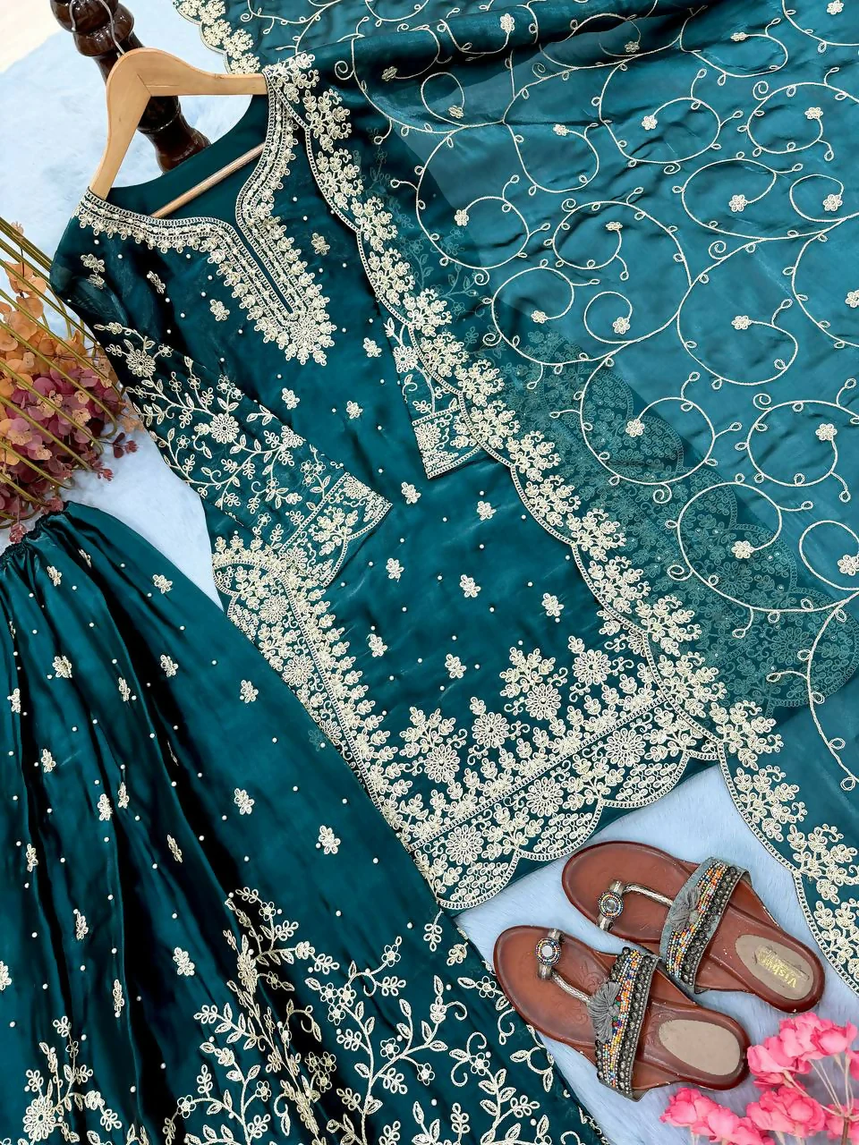 Teeya Creation Teal Pure Silk Gimmy Silk Heavy Embroidery Work Wedding Wear Palazzo Pair - Image 3