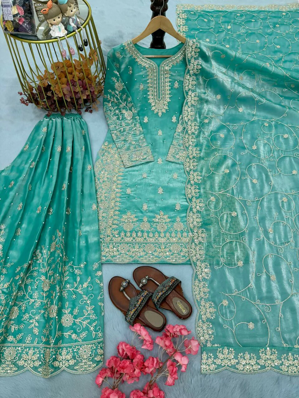 Teeya Creation Turquoise Pure Silk Gimmy Silk Heavy Embroidery Work Wedding Wear Palazzo Pair - Image 2