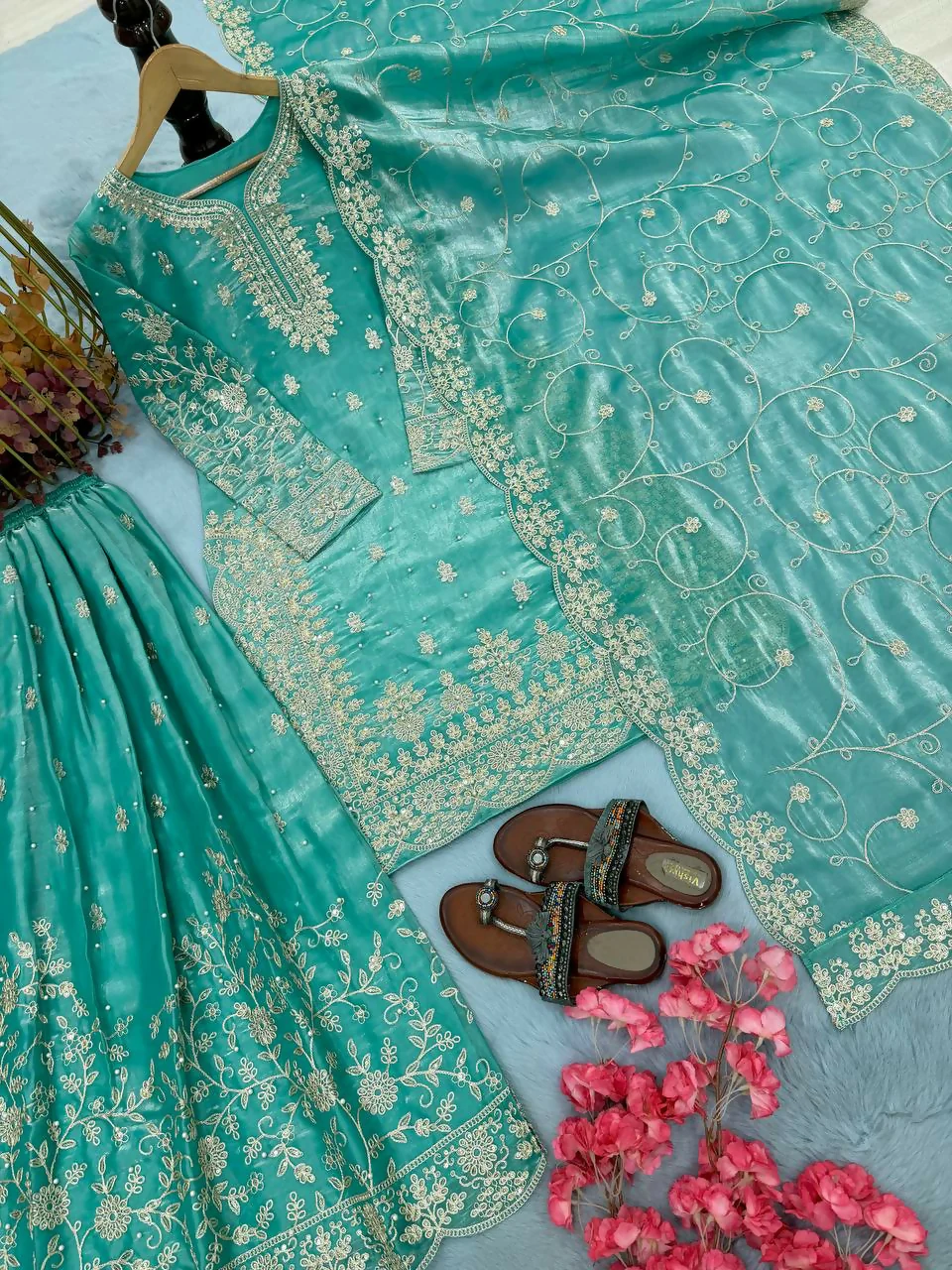 Teeya Creation Turquoise Pure Silk Gimmy Silk Heavy Embroidery Work Wedding Wear Palazzo Pair - Image 3
