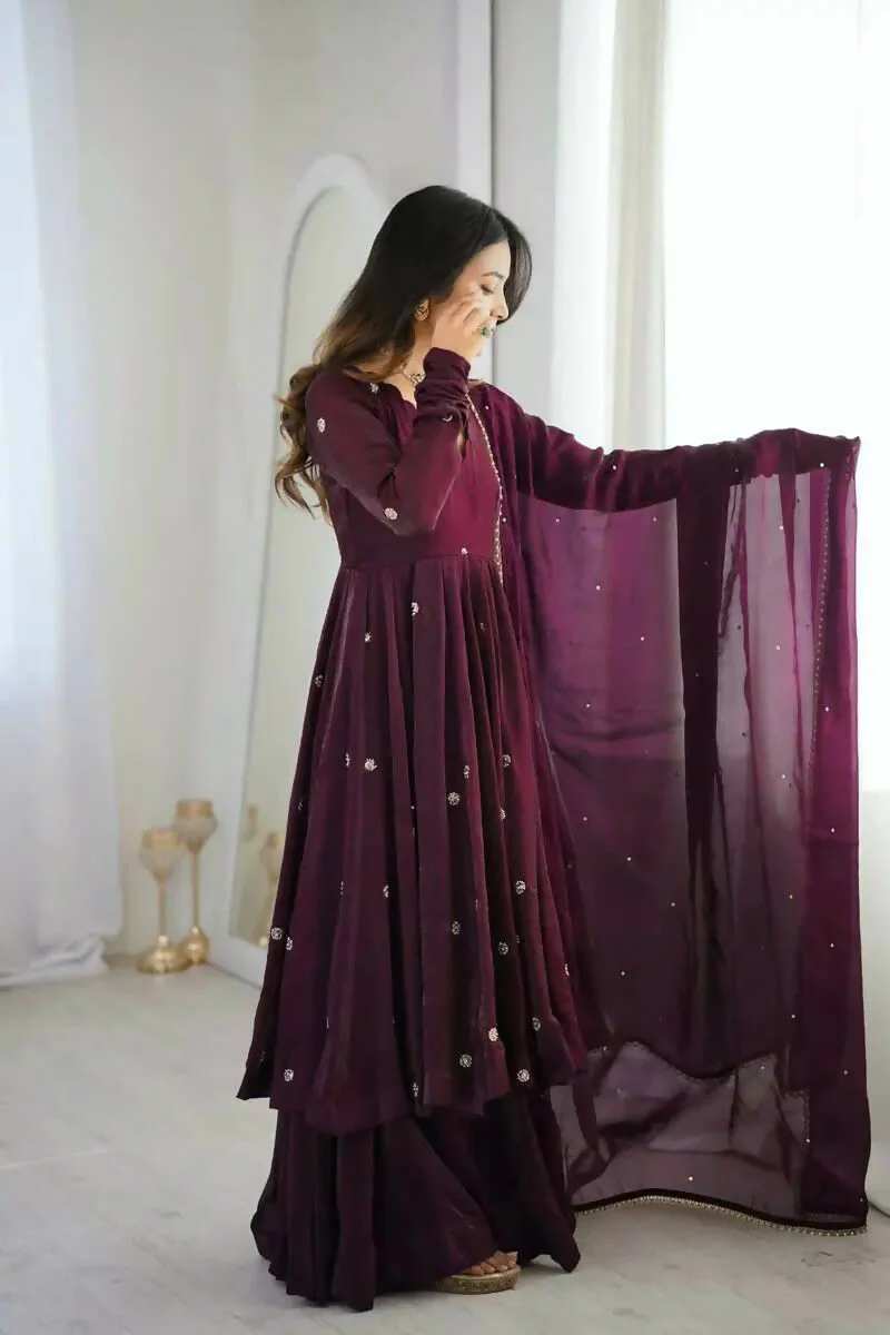 Teeya Creation Violet Crunchy Silk Embroidery Work Designer Suit - Image 3