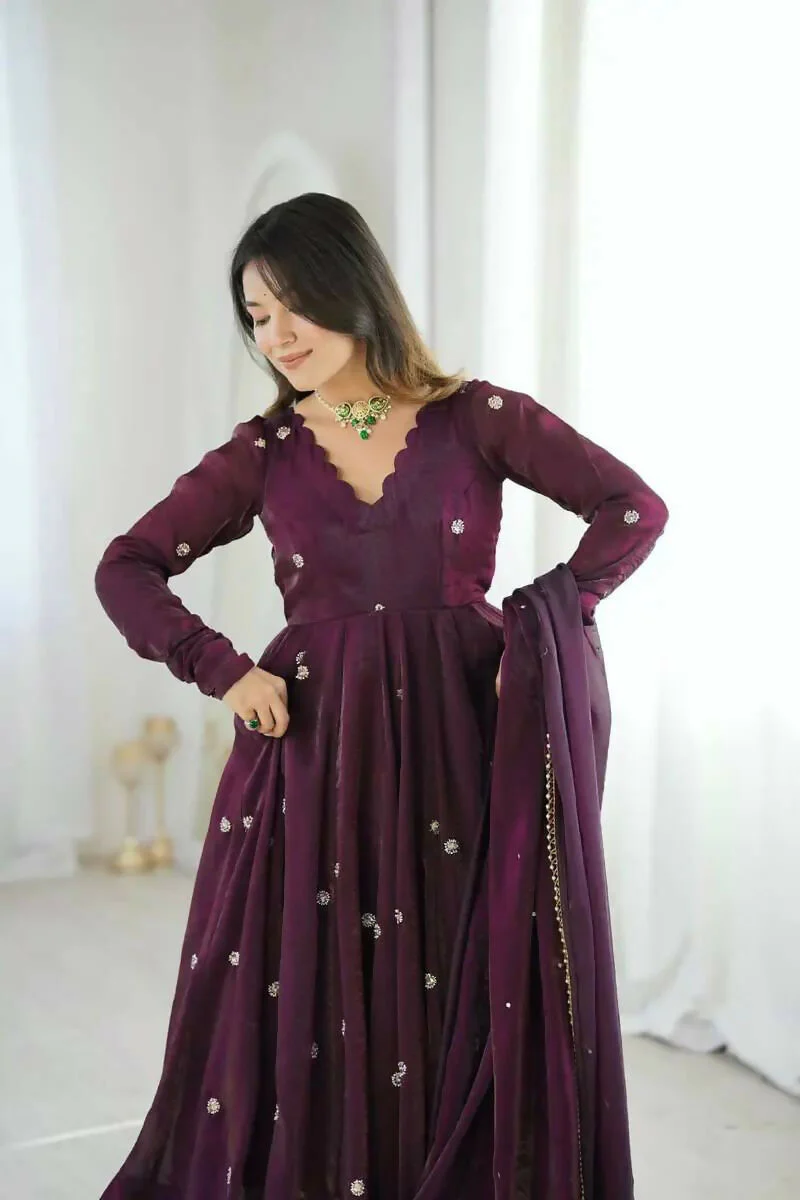 Teeya Creation Violet Crunchy Silk Embroidery Work Designer Suit - Image 5