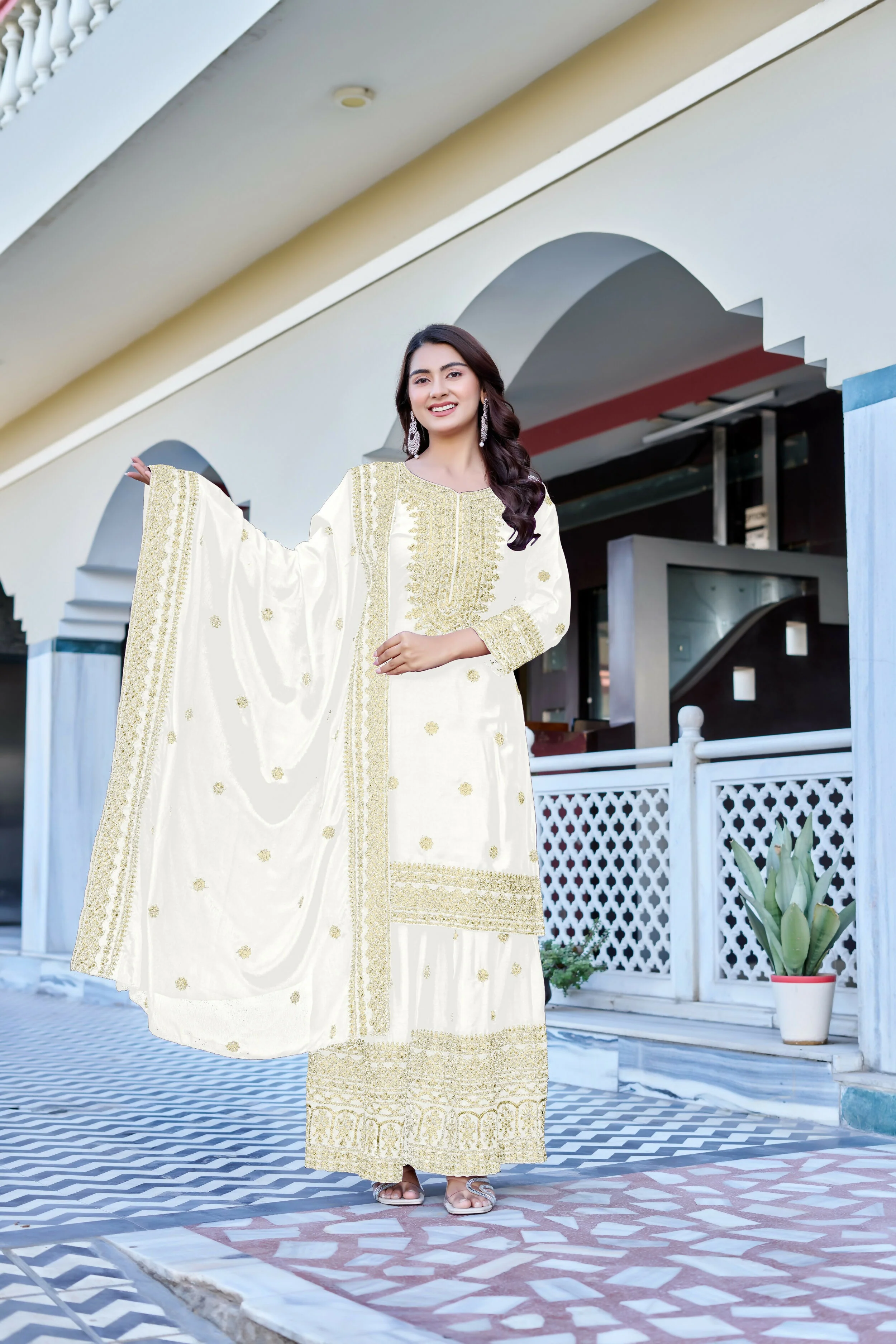 Teeya Creation White Color Chinon Silk Heavy Embroidery Work Wedding Wear Sharara - Image 2