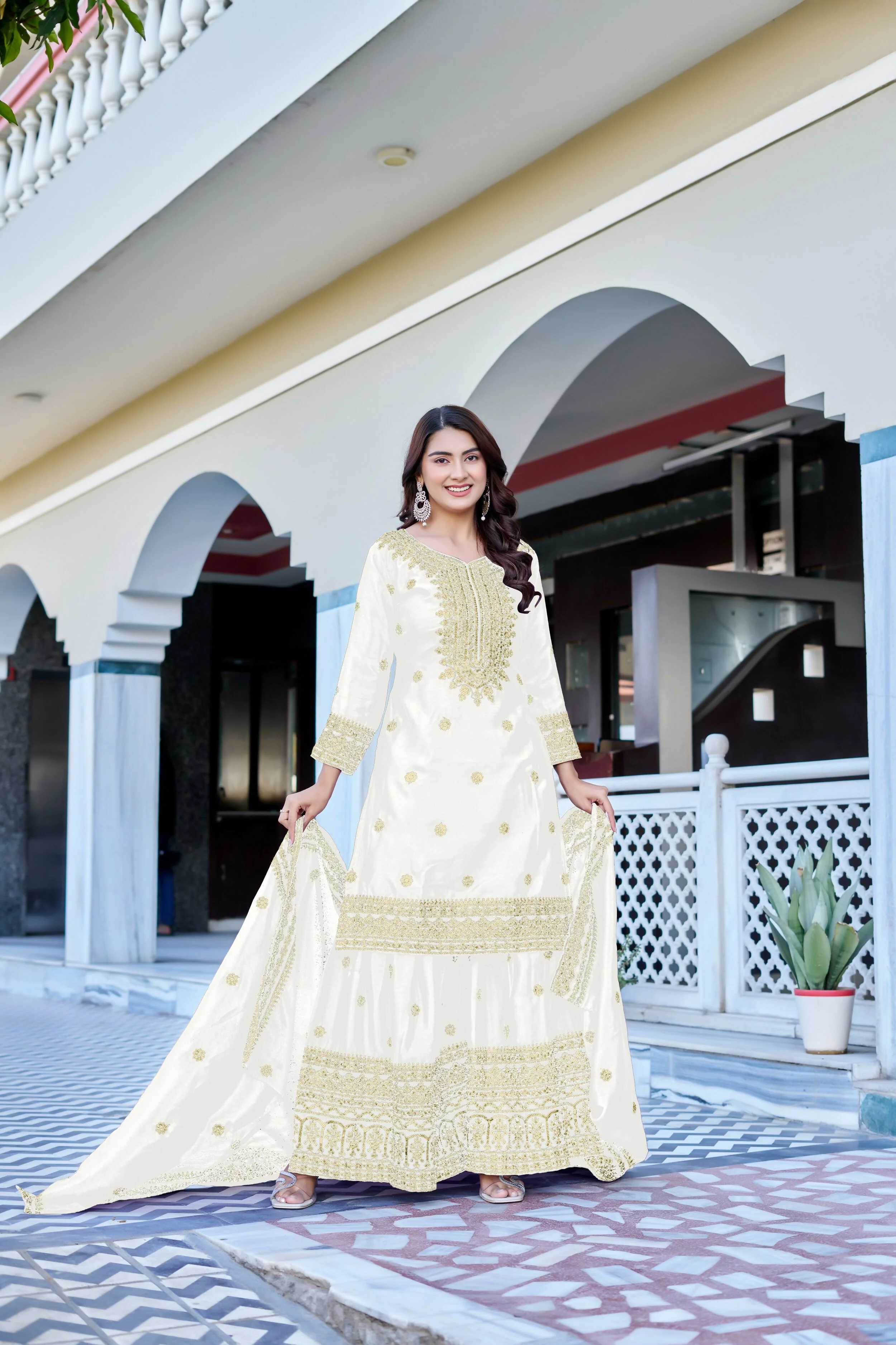 Teeya Creation White Color Chinon Silk Heavy Embroidery Work Wedding Wear Sharara - Image 3