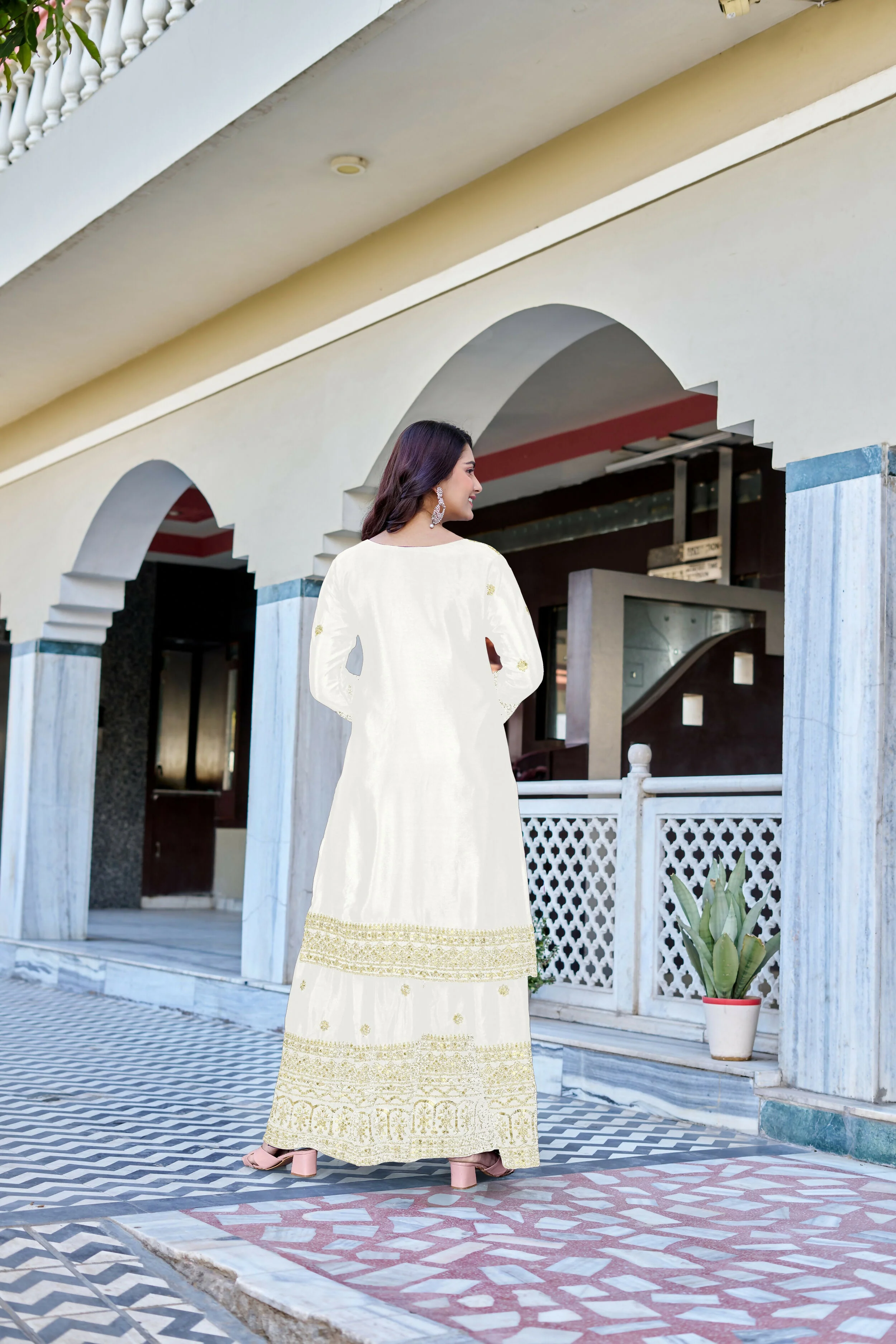 Teeya Creation White Color Chinon Silk Heavy Embroidery Work Wedding Wear Sharara - Image 4