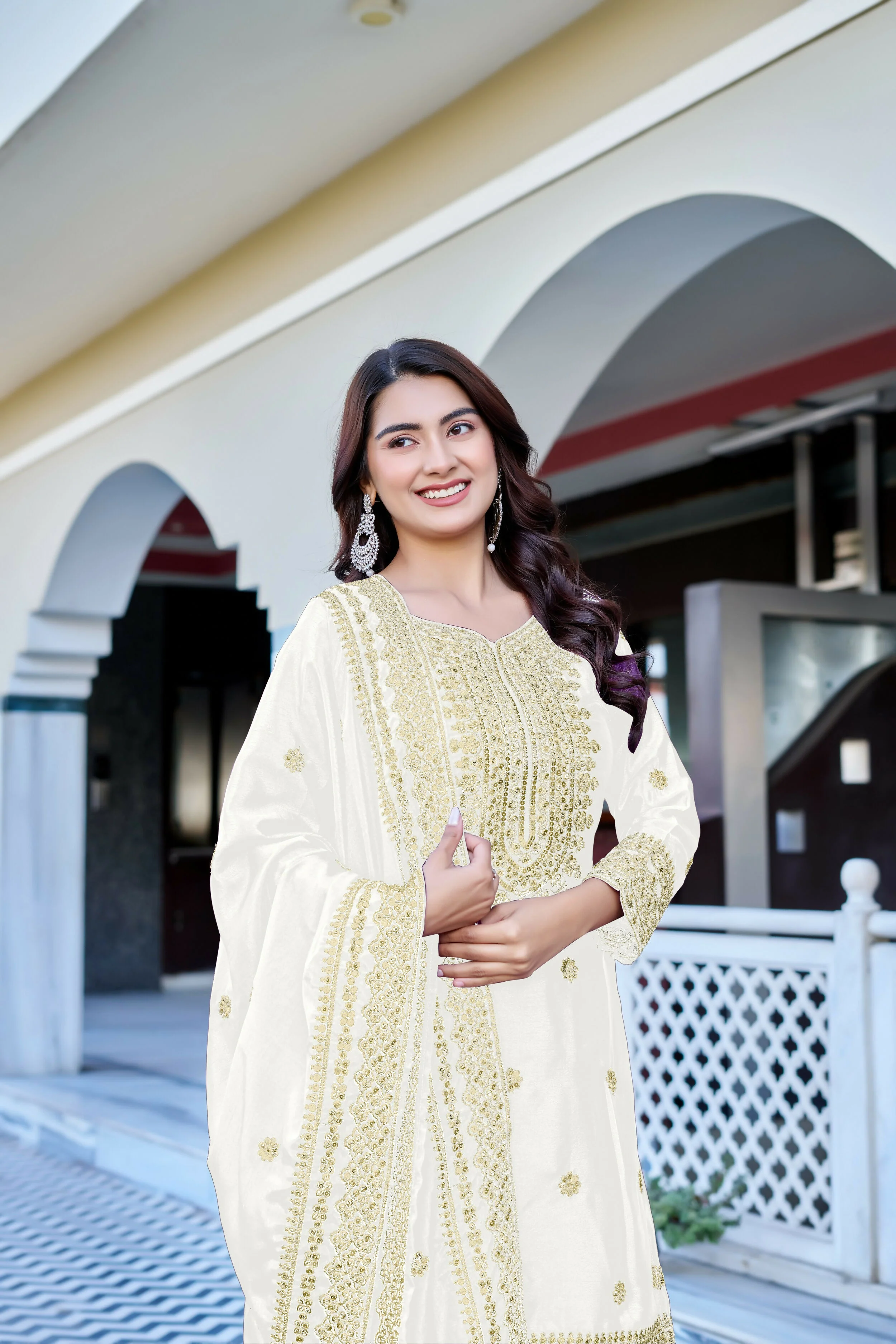 Teeya Creation White Color Chinon Silk Heavy Embroidery Work Wedding Wear Sharara - Image 5