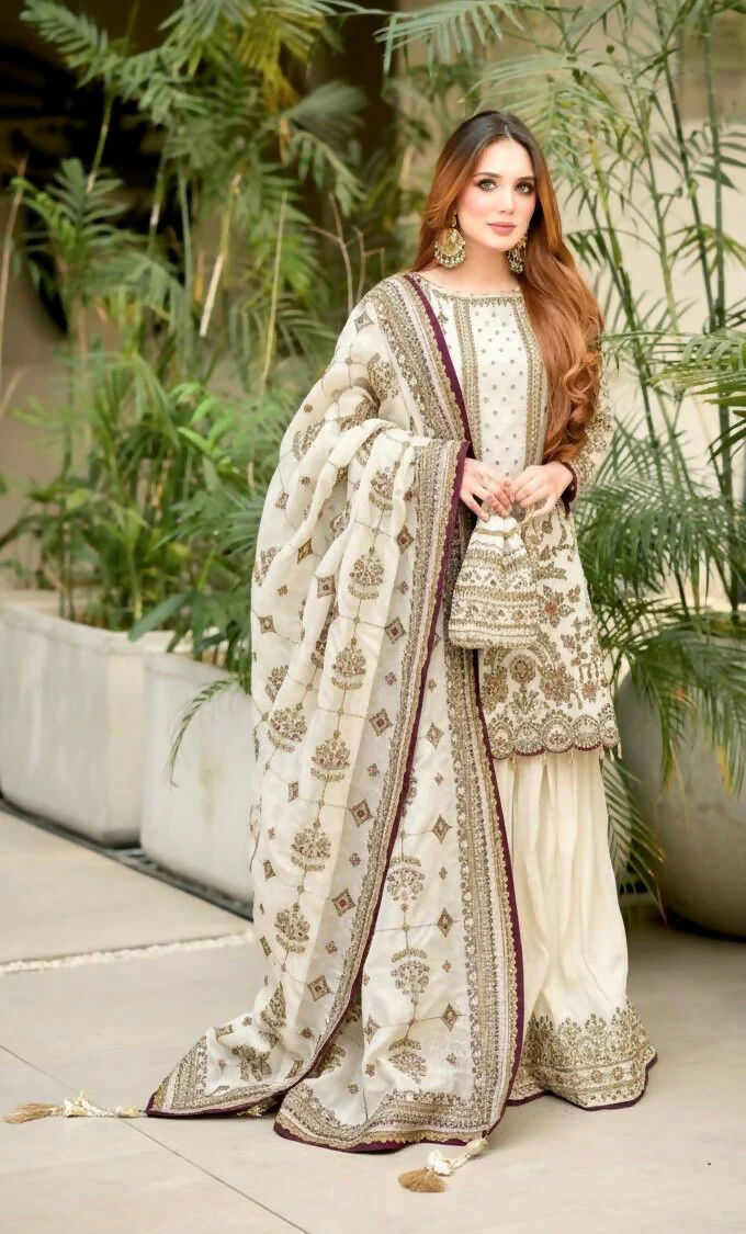 Teeya Creation White Faux georgette Designer heavy work Wedding Wear Palazzo pair - Image 2