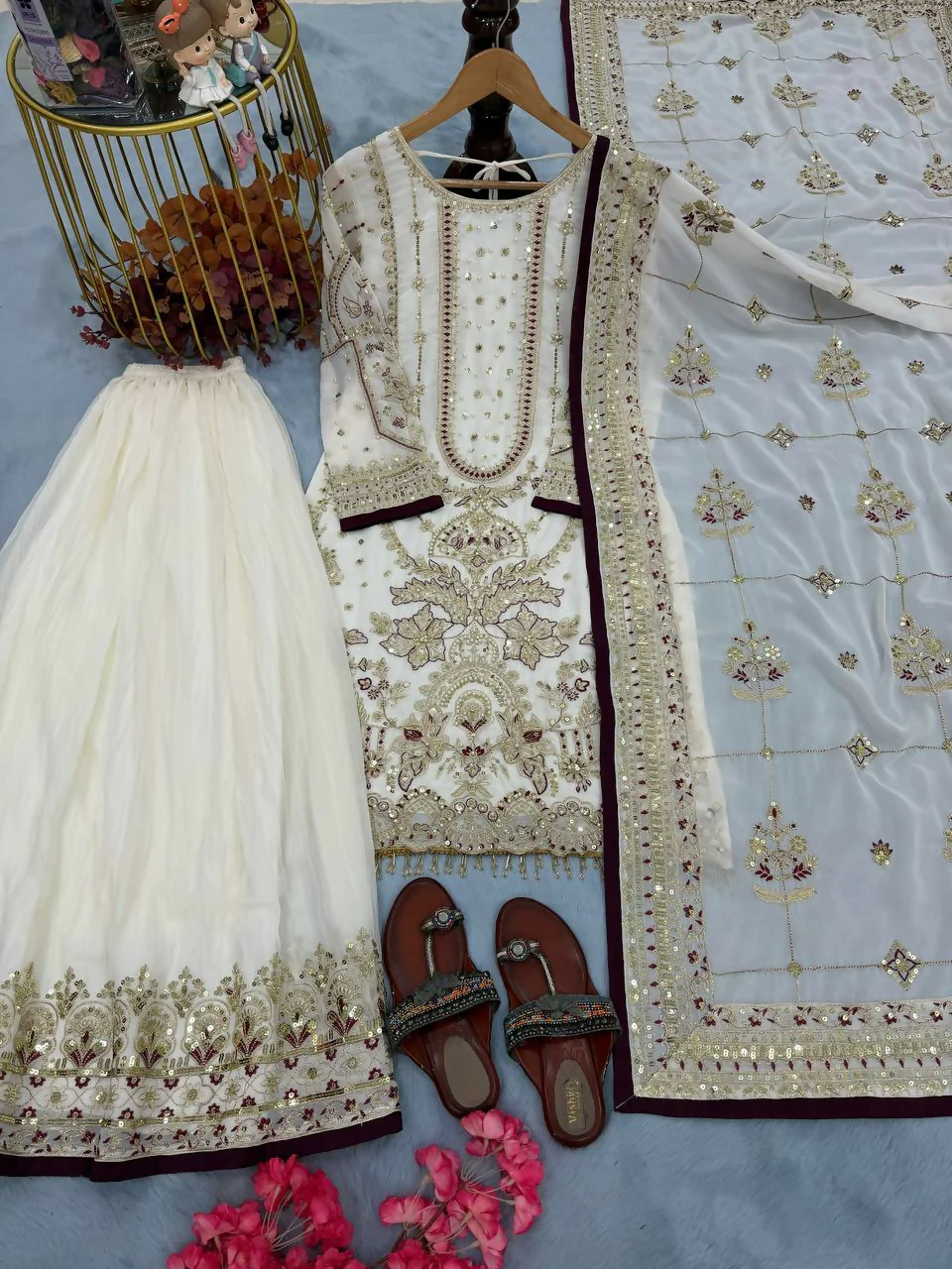 Teeya Creation White Faux georgette Designer heavy work Wedding Wear Palazzo pair - Image 3