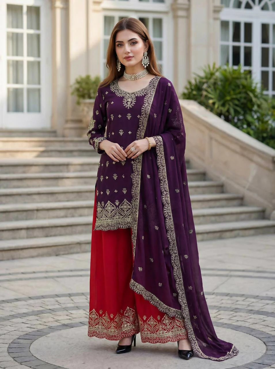 Teeya Creation Wine Chinon Silk Embroidery Work Party Wear Palazzo Pair