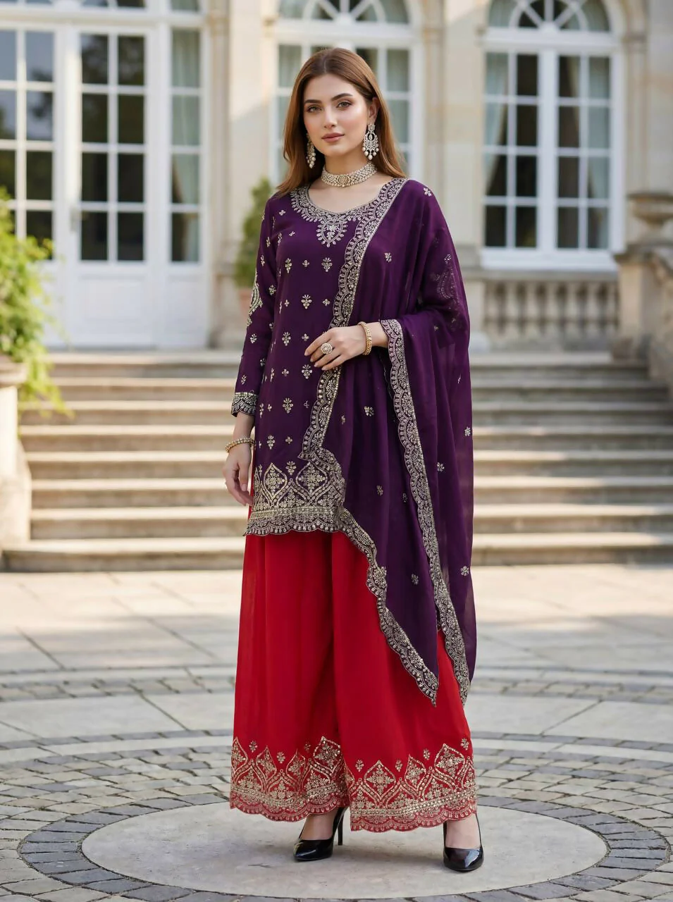 Teeya Creation Wine Chinon Silk Embroidery Work Party Wear Palazzo Pair - Image 3