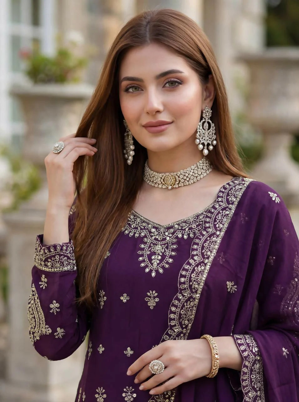 Teeya Creation Wine Chinon Silk Embroidery Work Party Wear Palazzo Pair - Image 4