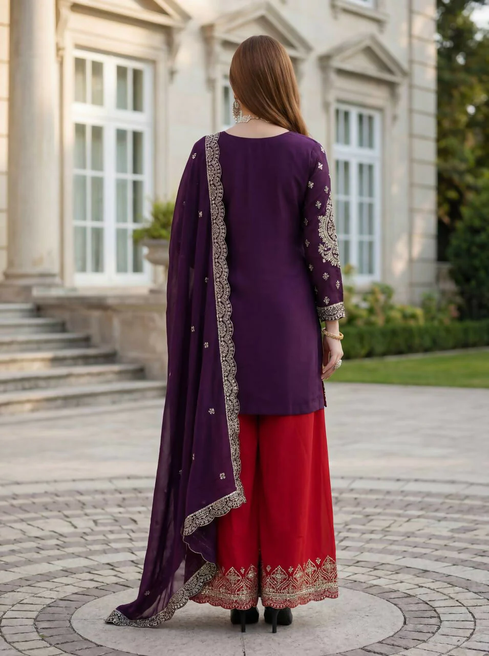 Teeya Creation Wine Chinon Silk Embroidery Work Party Wear Palazzo Pair - Image 5