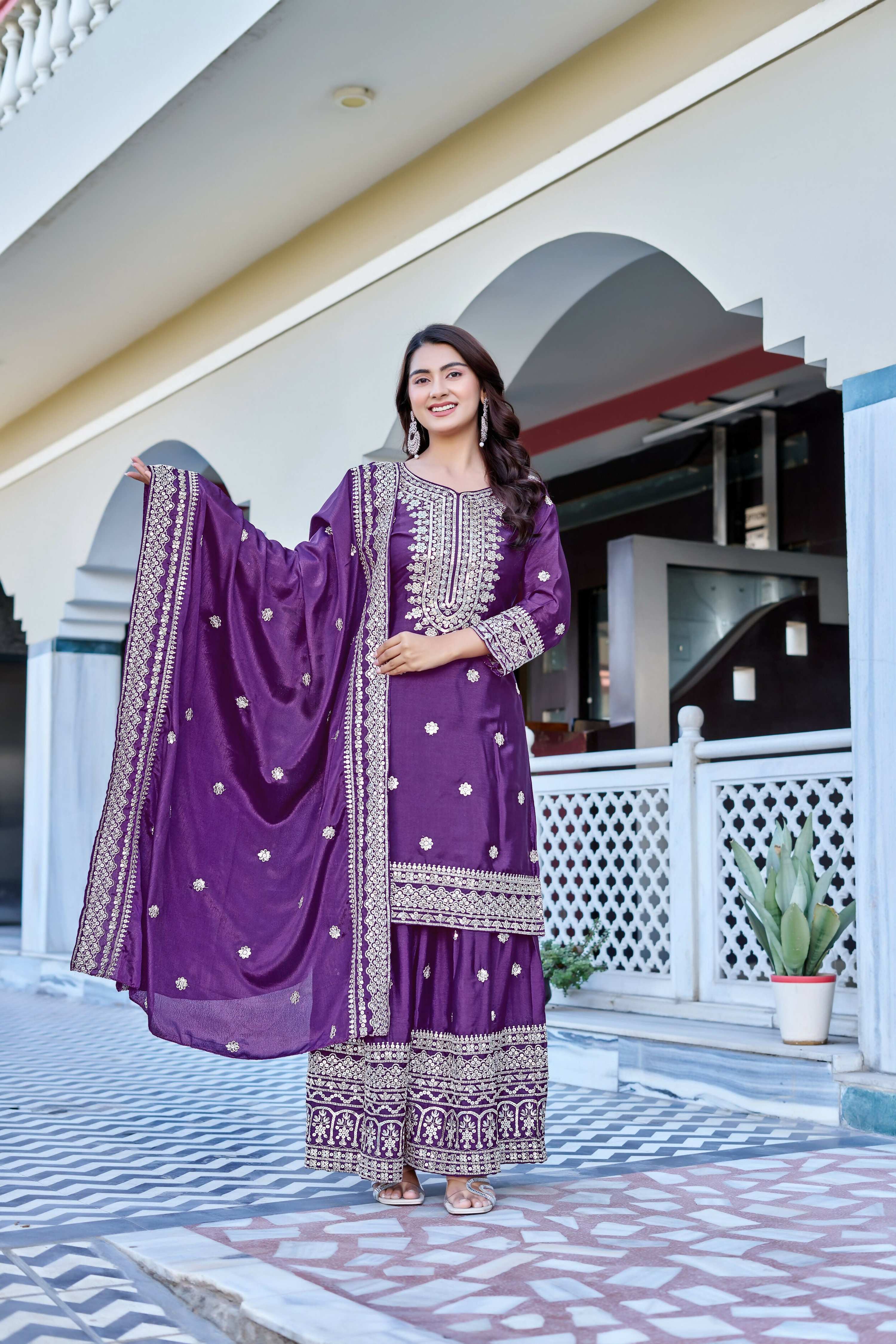 Teeya Creation Wine Color Chinon Silk Heavy Embroidery Work Wedding Wear Sharara - Image 3
