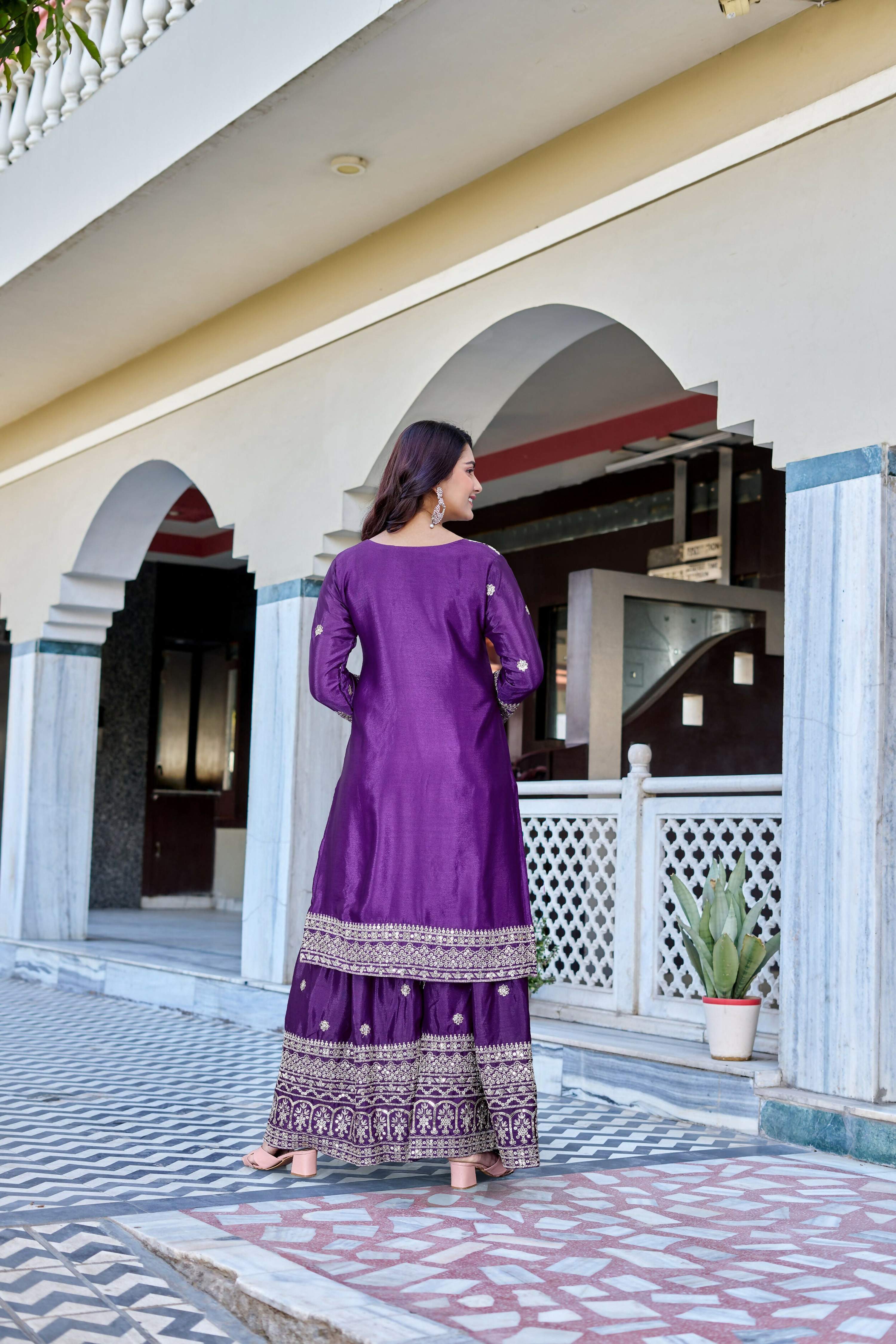 Teeya Creation Wine Color Chinon Silk Heavy Embroidery Work Wedding Wear Sharara - Image 4